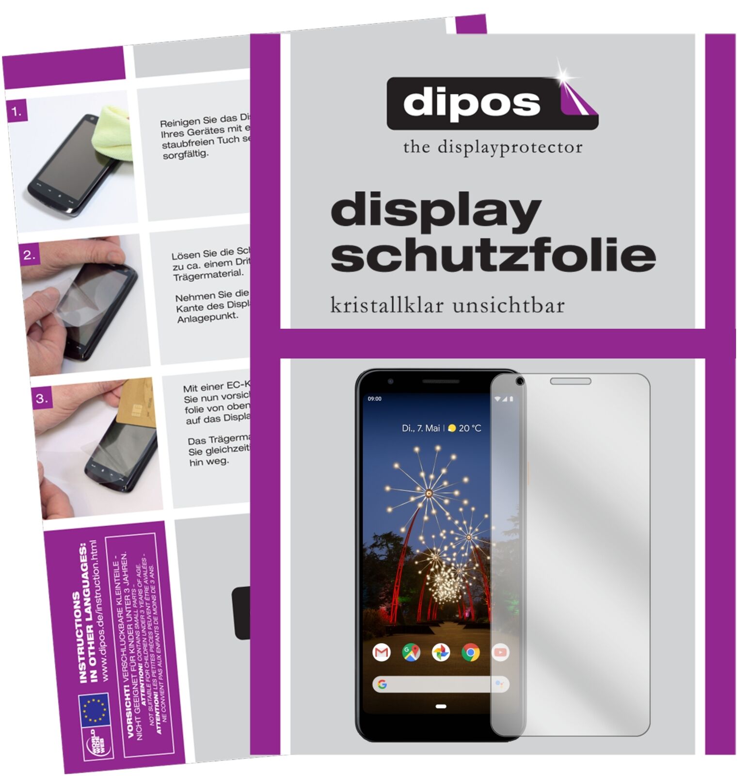 GooglePixel 3a XL mit aufgebrachter dipos Displayschutzfolie, glasklare Darstellung ohne Einschränkungen