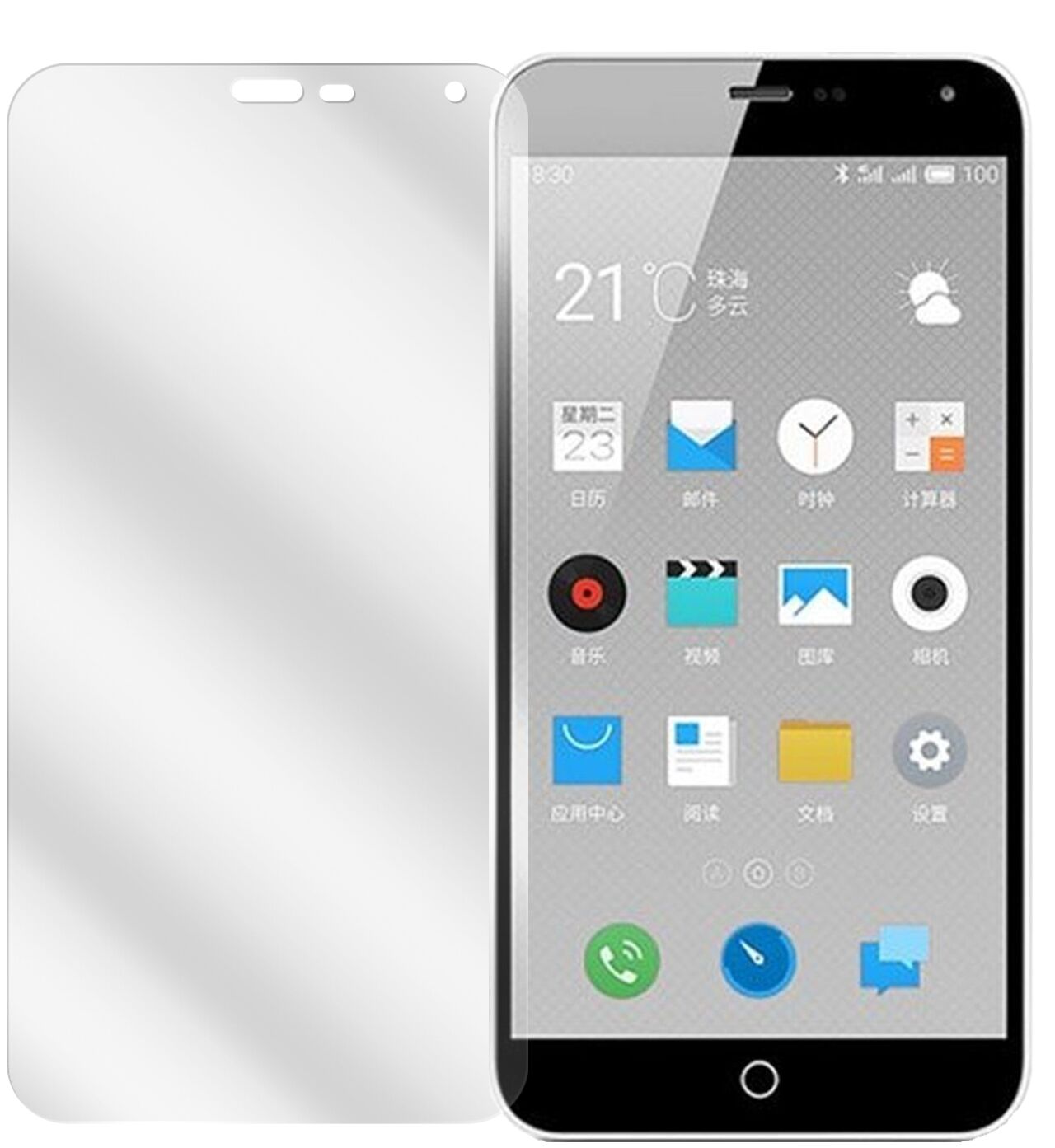 M1 NoteMeizu mit aufgebrachter dipos Displayschutzfolie, glasklare Darstellung ohne Einschränkungen
