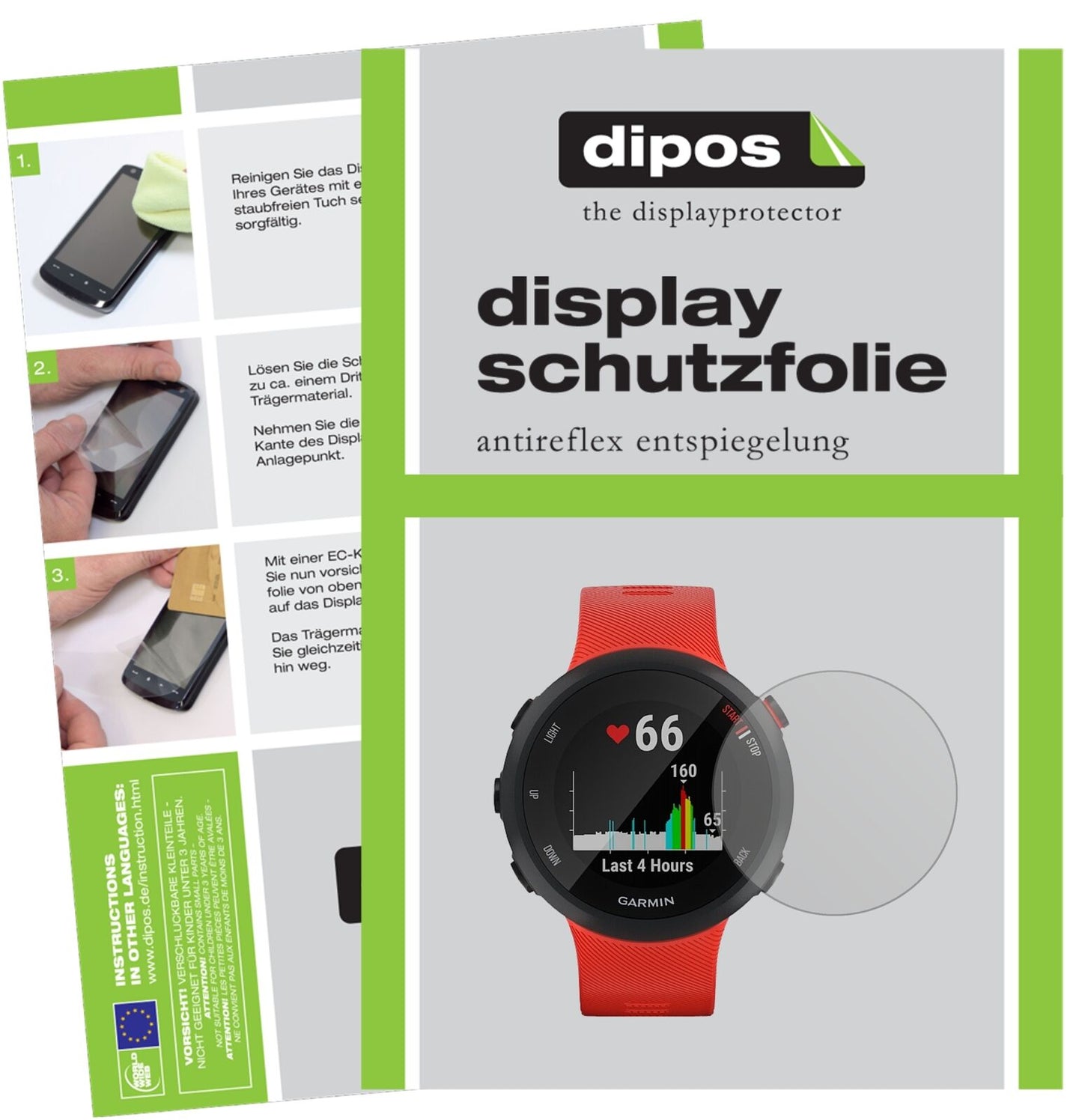 GarminForerunner 45 S mit aufgebrachter dipos Displayschutzfolie, die lästige Fingerabdrücke minimiert