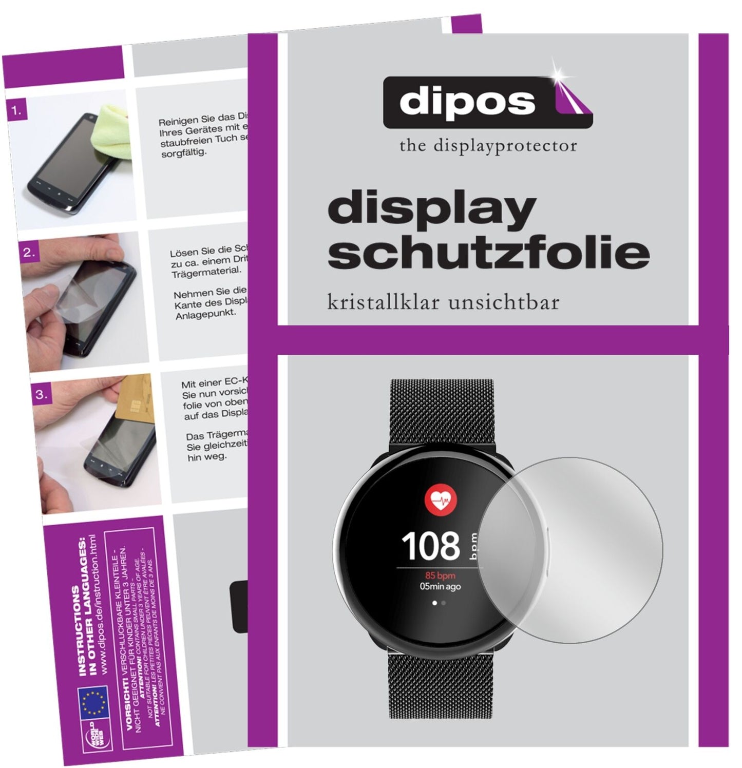 MyKronozZEROUND2HR ELITE mit aufgebrachter dipos Displayschutzfolie, glasklare Darstellung ohne Einschränkungen