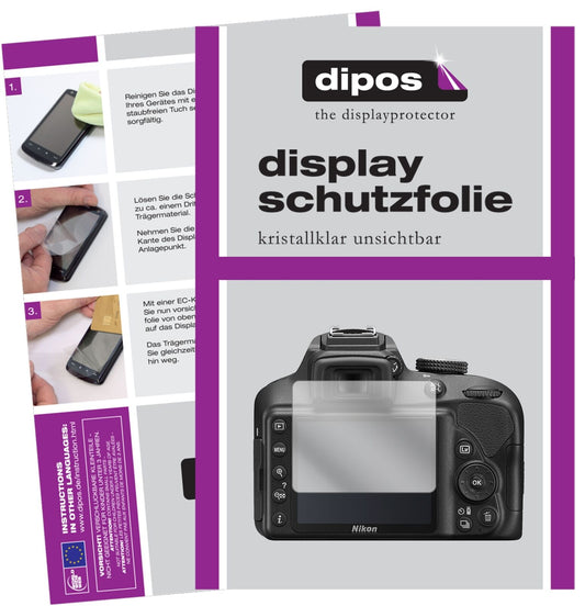 Klare Displayschutzfolie von dipos passend für Nikon 3500, präziser Zuschnitt und blasenfrei montiert