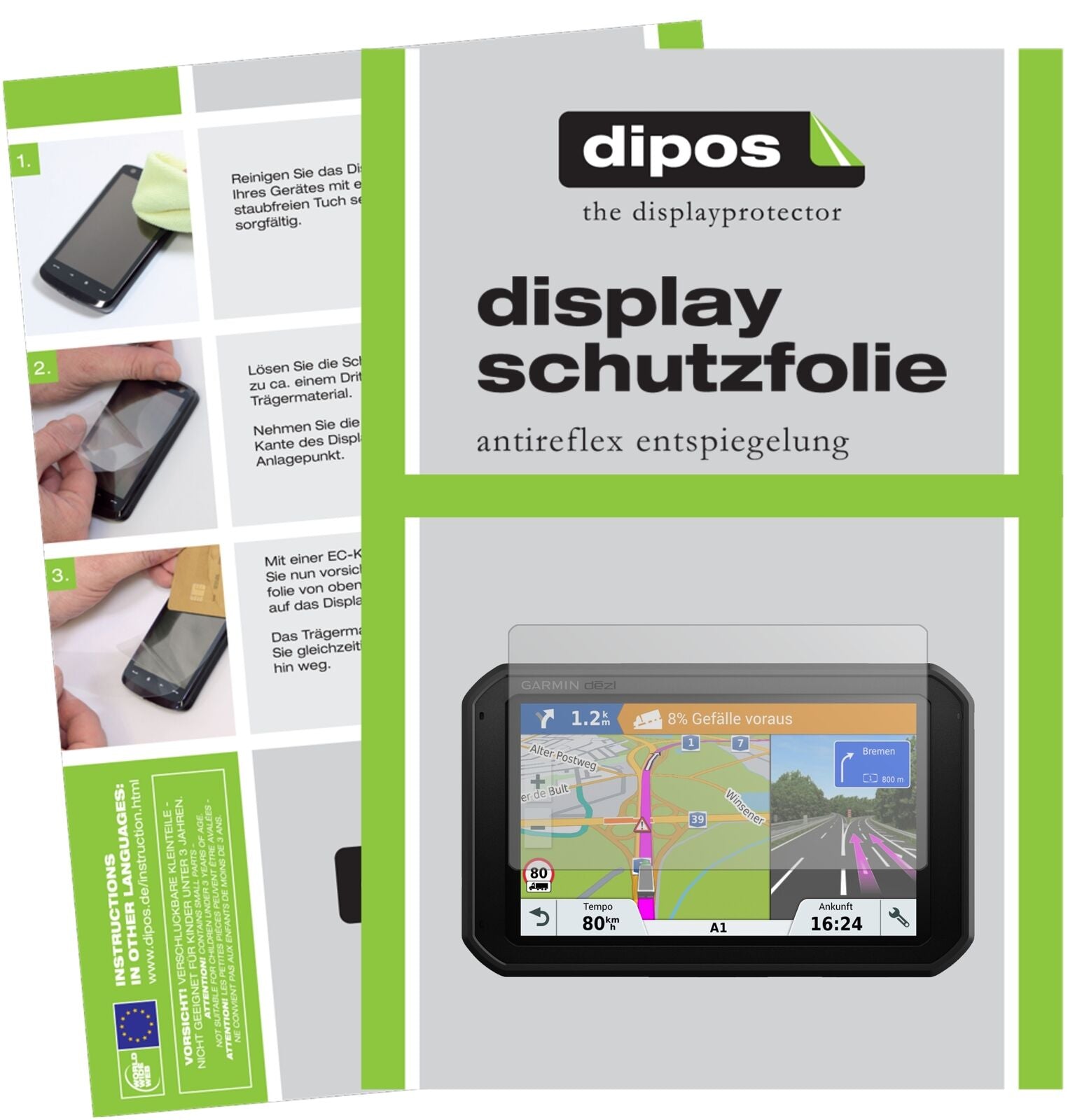 GarminDezlcam 785 LMT-D EU mit aufgebrachter dipos Displayschutzfolie, die lästige Fingerabdrücke minimiert
