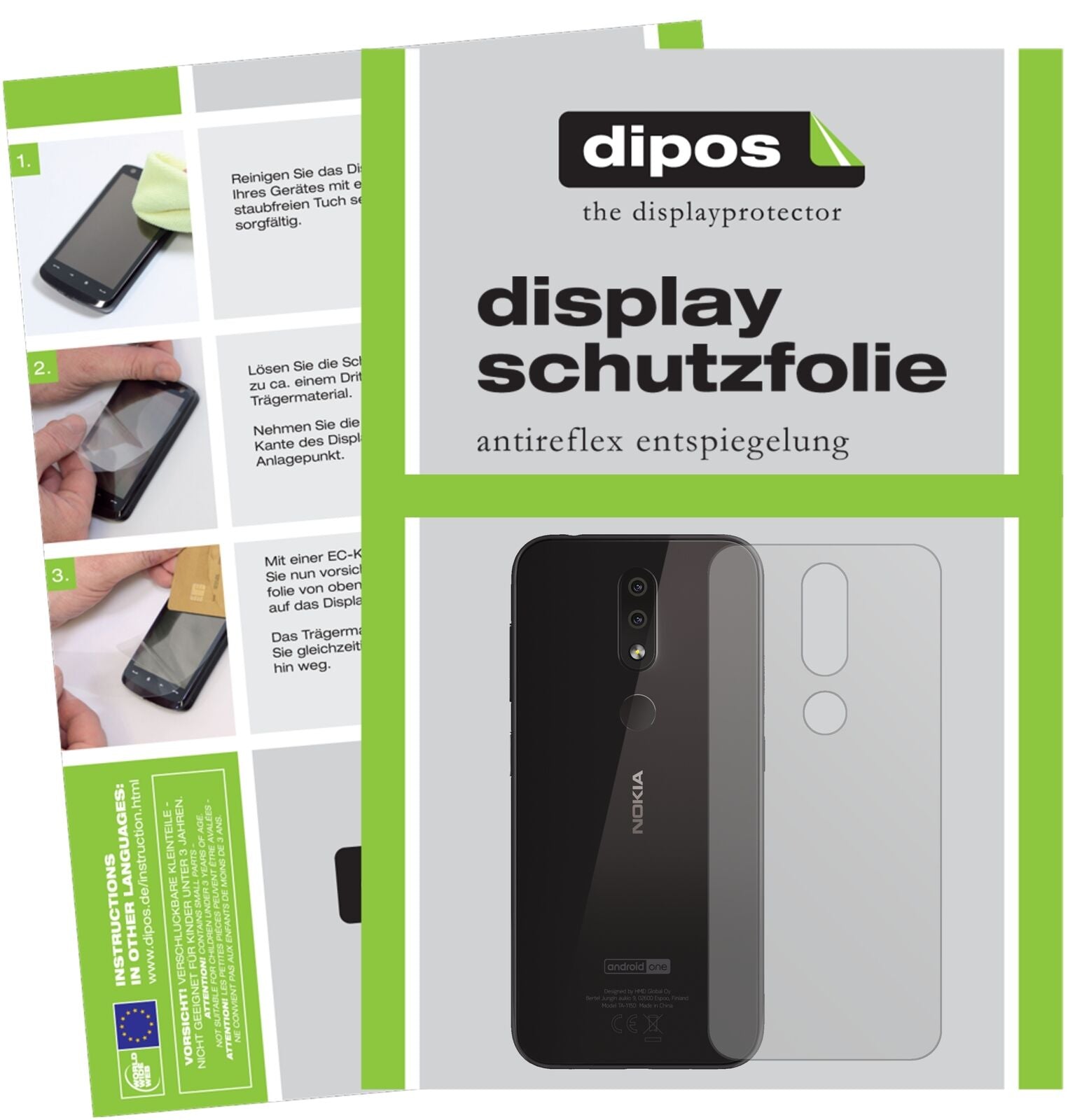 Nokia4.2 Rückseite mit aufgebrachter dipos Displayschutzfolie, die lästige Fingerabdrücke minimiert