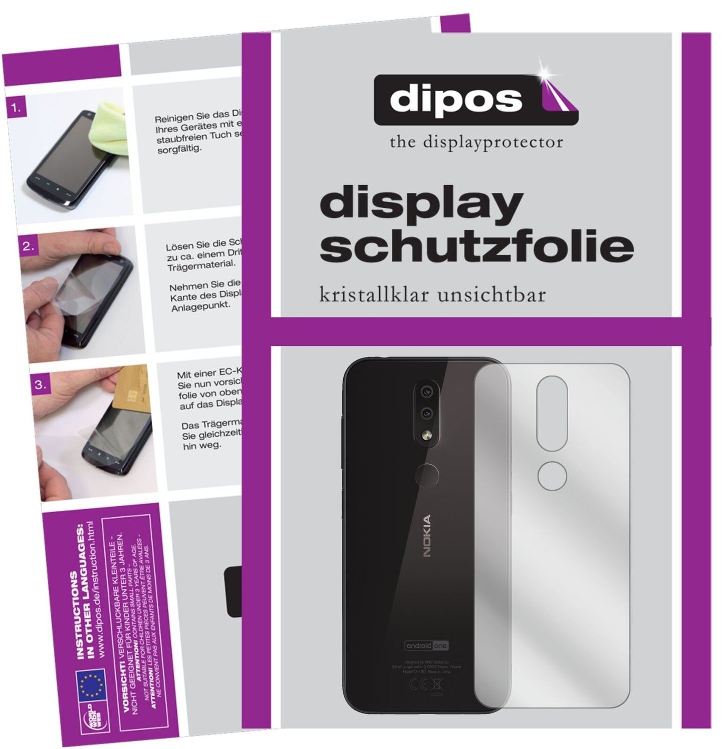 Nokia4.2 Rückseite mit aufgebrachter dipos Displayschutzfolie, glasklare Darstellung ohne Einschränkungen