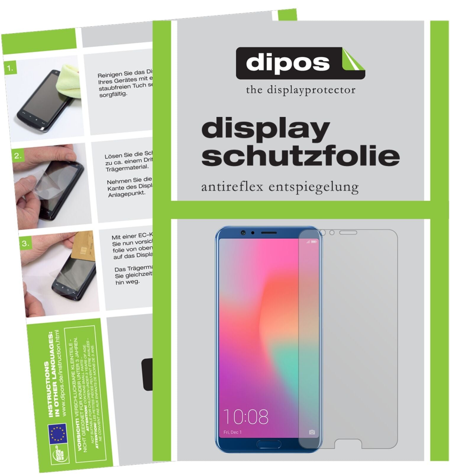 HuaweiHonor View 10 mit aufgebrachter dipos Displayschutzfolie, die lästige Fingerabdrücke minimiert