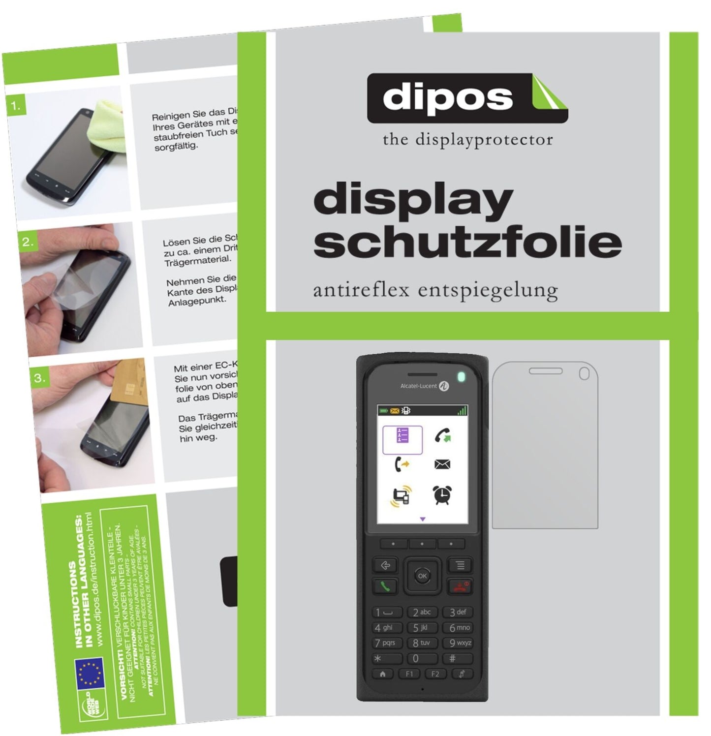 Alcatel8262EX mit aufgebrachter dipos Displayschutzfolie, die lästige Fingerabdrücke minimiert
