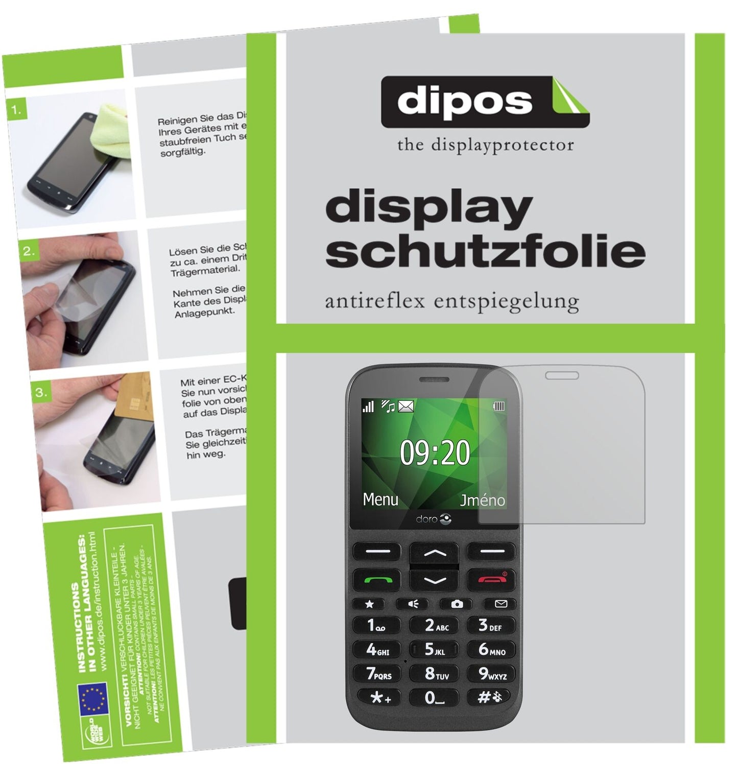 Doro1370 mit aufgebrachter dipos Displayschutzfolie, die lästige Fingerabdrücke minimiert