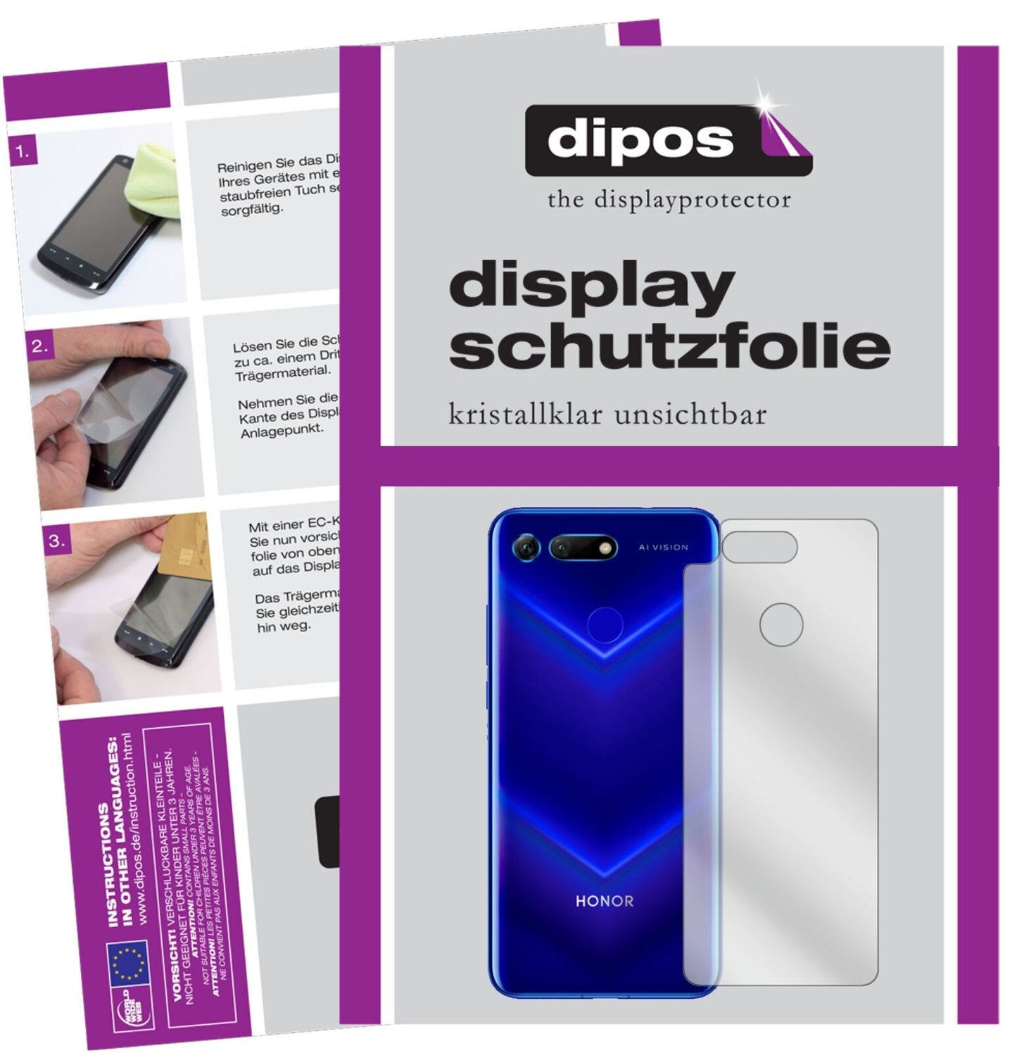 HonorV20 Rückseite mit aufgebrachter dipos Displayschutzfolie, glasklare Darstellung ohne Einschränkungen