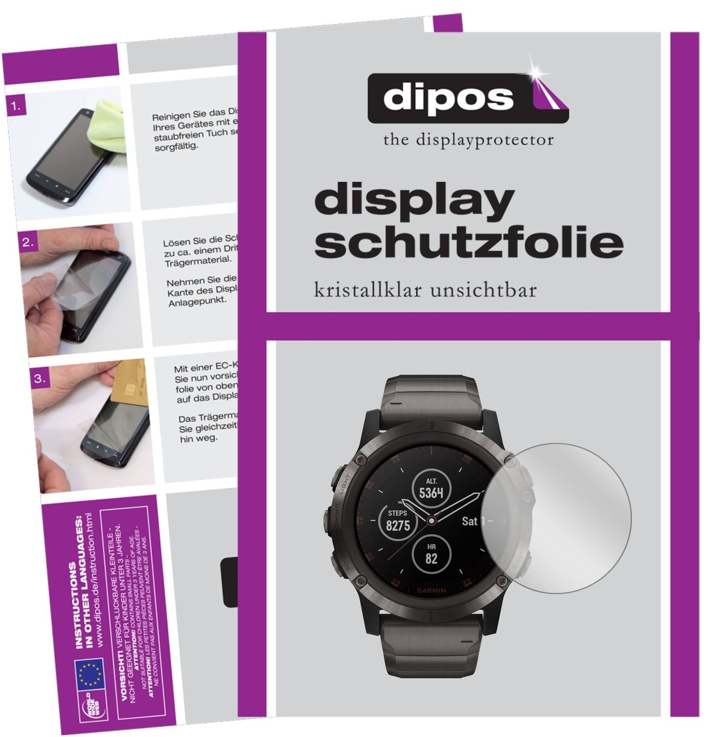 Garminfenix 5 Plus (47mm) mit aufgebrachter dipos Displayschutzfolie, glasklare Darstellung ohne Einschränkungen