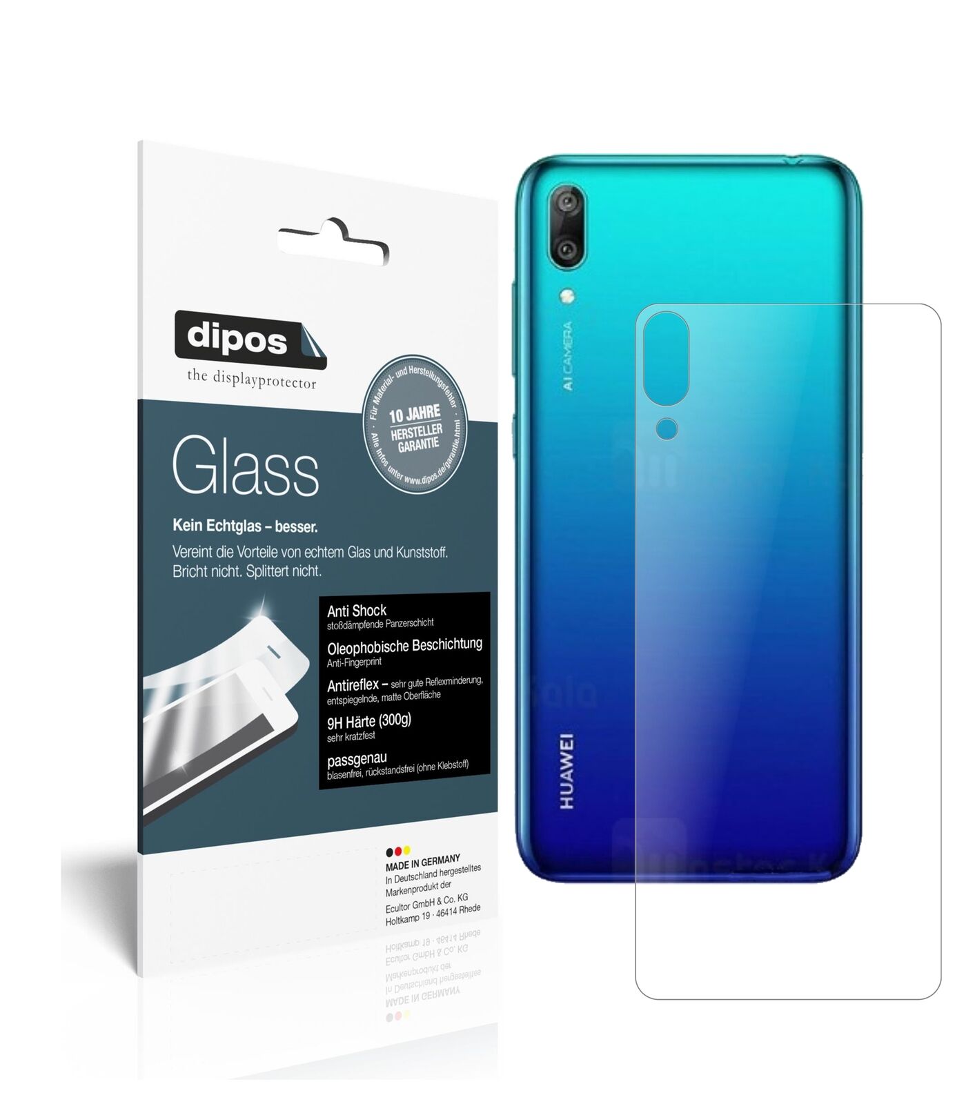 HuaweiEnjoy 9 Rückseite mit aufgebrachter dipos Panzerfolie, die lästige Fingerabdrücke minimiert