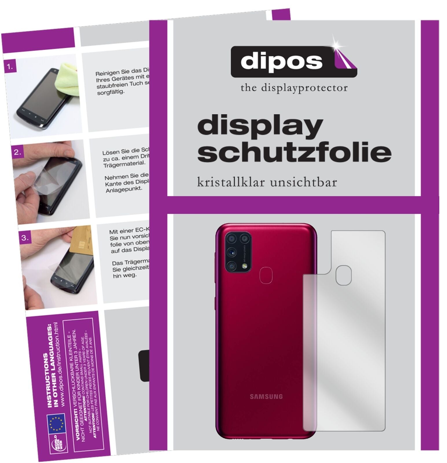 Klare Displayschutzfolie von dipos passend für Samsung Galaxy M31s Rückseite, präziser Zuschnitt und blasenfrei montiert