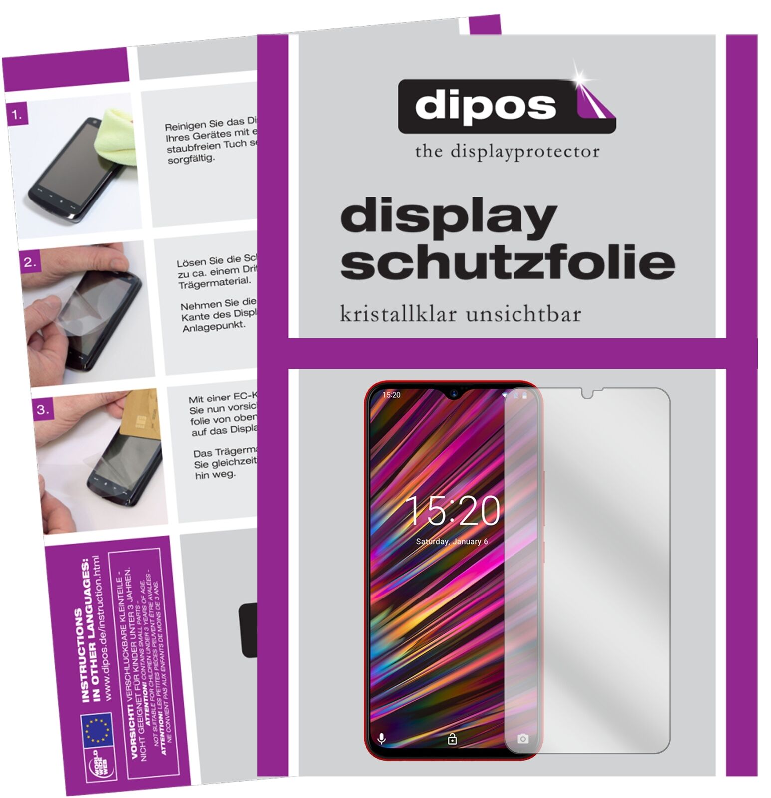 UmidigiF1 mit aufgebrachter dipos Displayschutzfolie, glasklare Darstellung ohne Einschränkungen