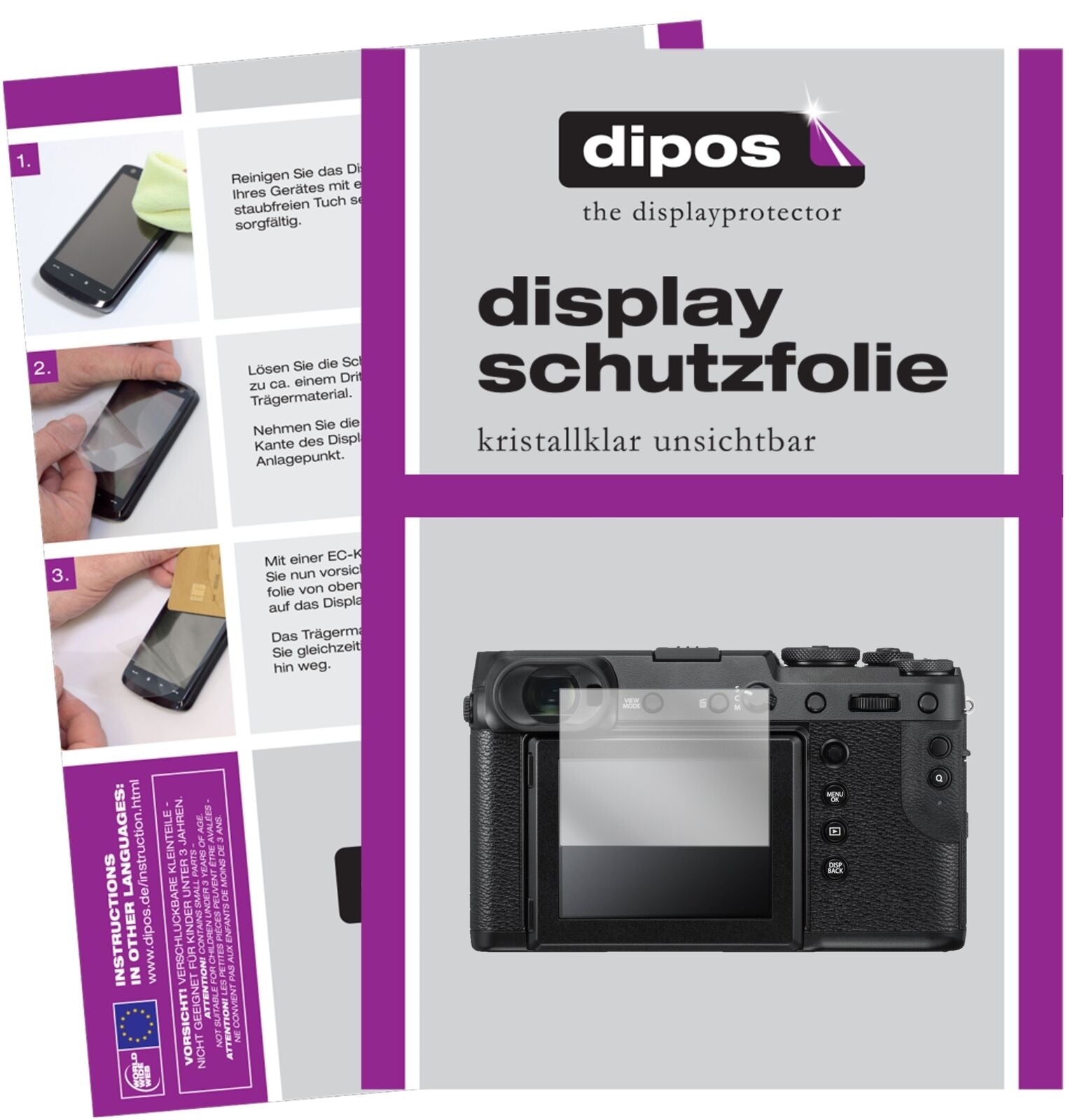 FujifilmGFX 50R mit aufgebrachter dipos Displayschutzfolie, glasklare Darstellung ohne Einschränkungen