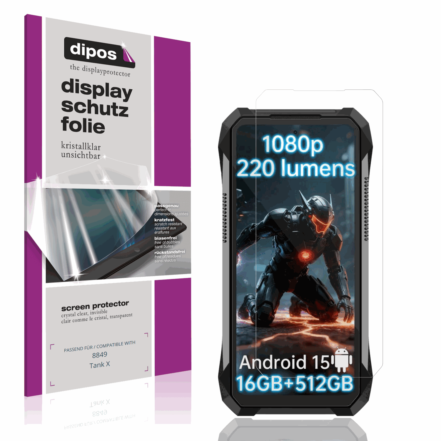 Klare Displayschutzfolie von dipos passend für 8849 Tank X, präziser Zuschnitt und blasenfrei montiert