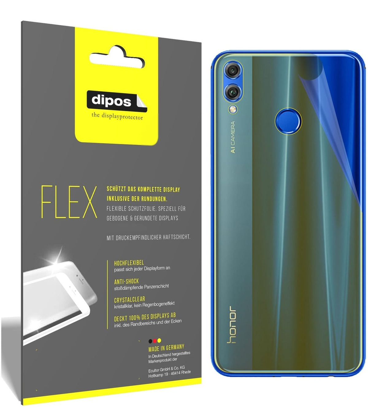 2x Screen Protector for Honor 8X back Protective Film covers 100% dipos Flex