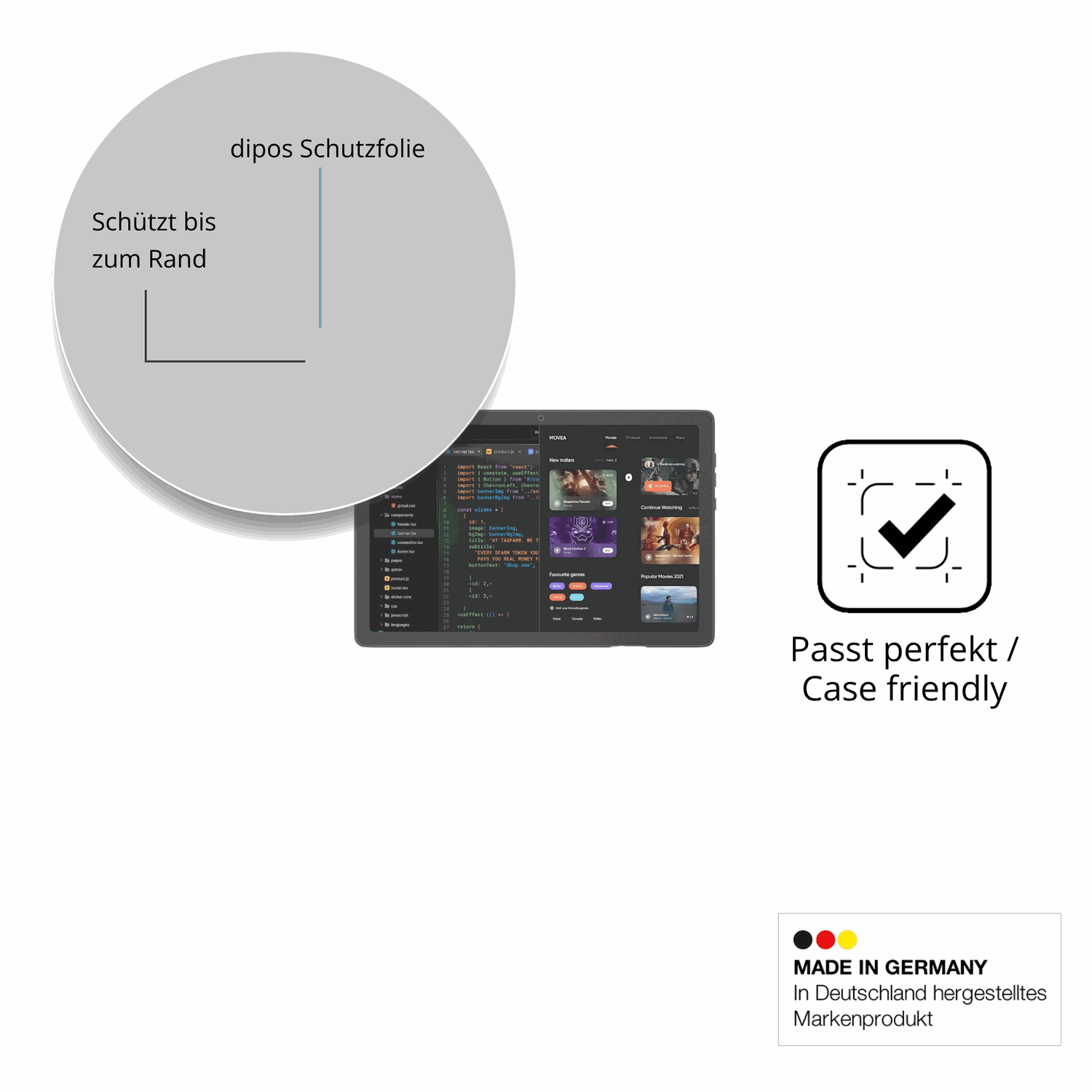 Schutzglasfolie mit optimaler Passform, zur Verwendung mit Hüllen geeignet