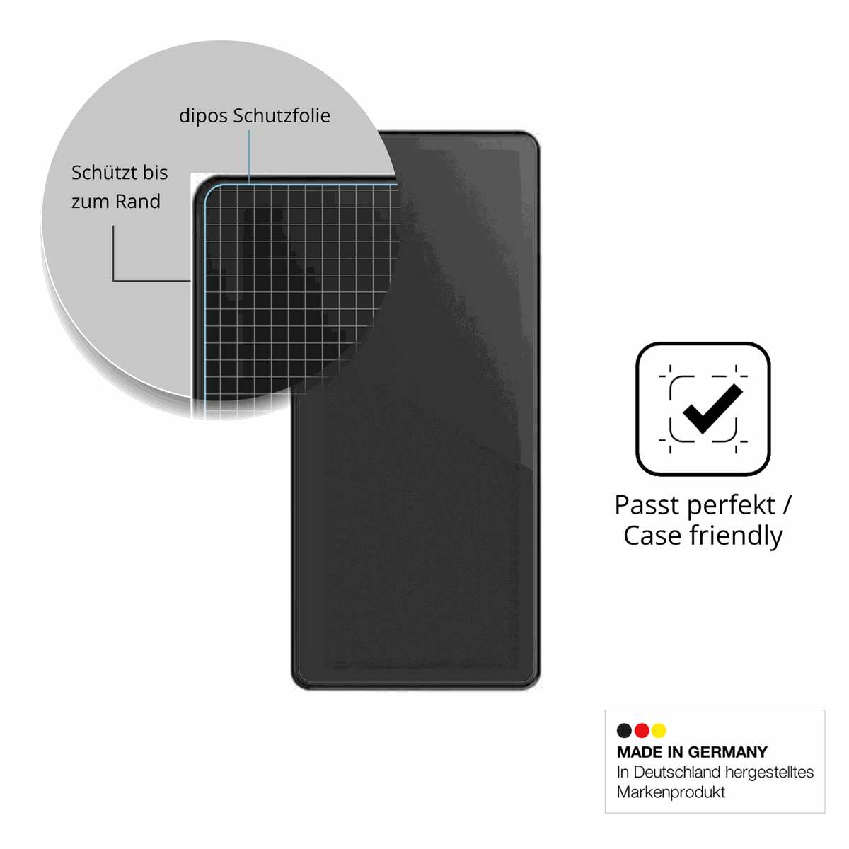 Schutzglasfolie mit optimaler Passform, zur Verwendung mit Hüllen geeignet