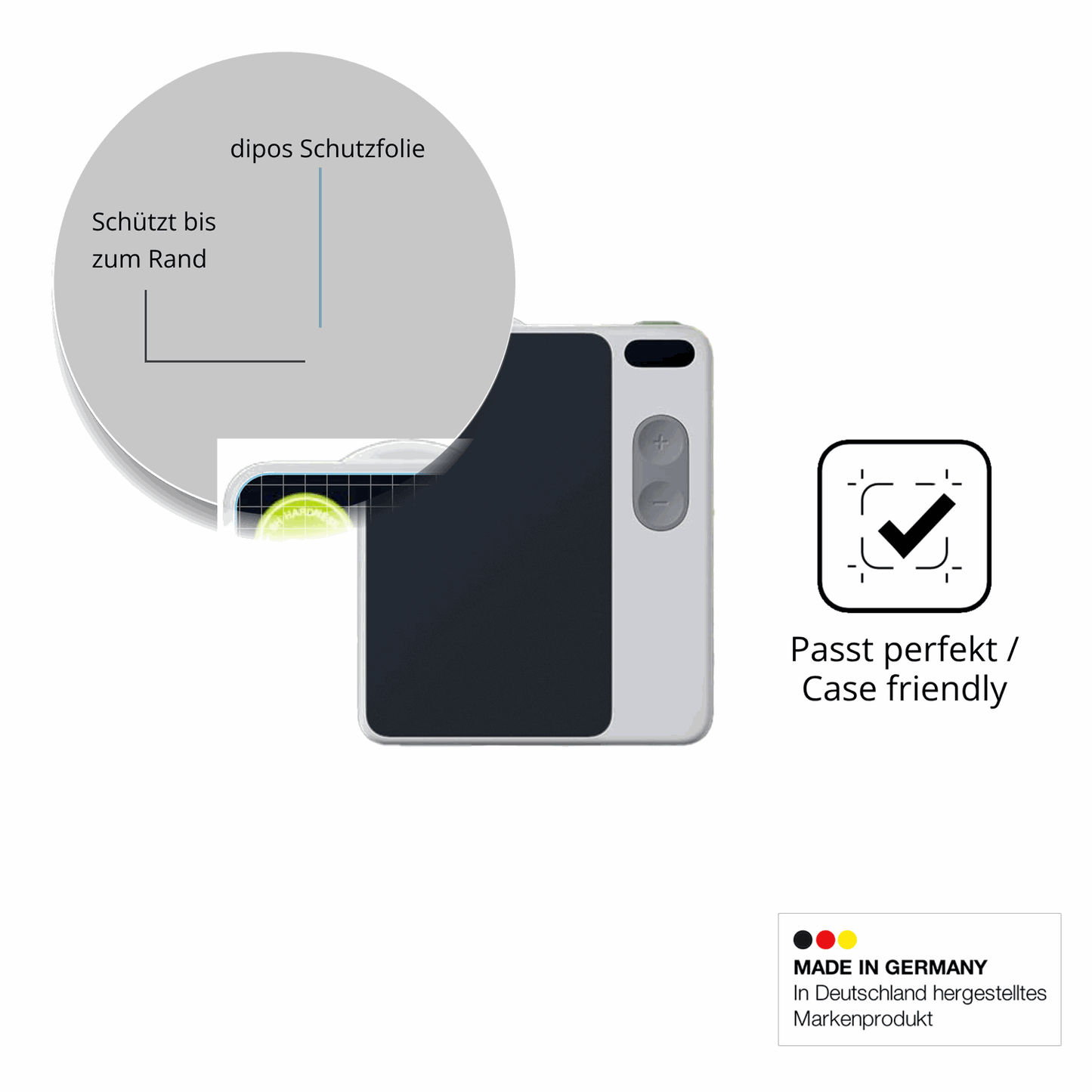 Schutzglasfolie mit optimaler Passform, zur Verwendung mit Hüllen geeignet