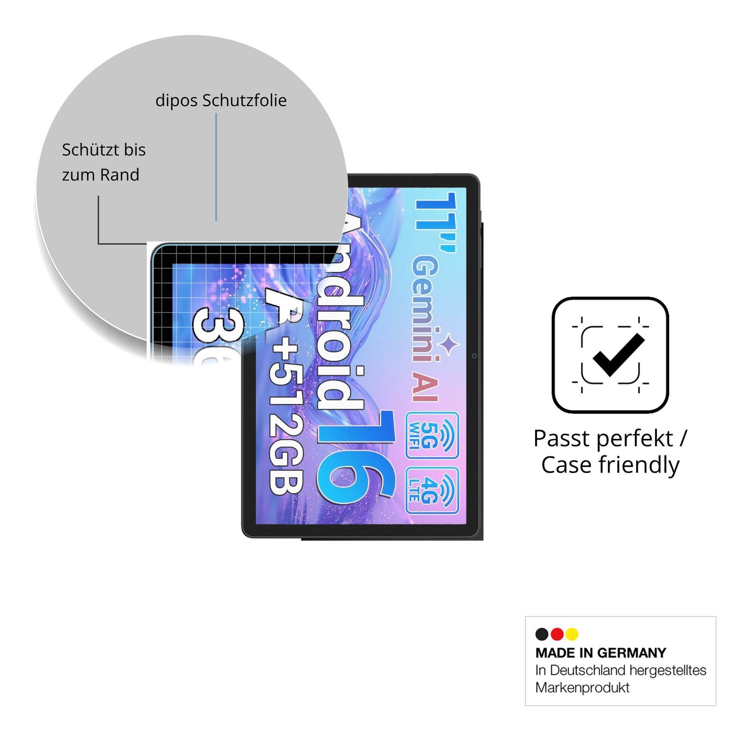 Schutzglasfolie mit optimaler Passform, zur Verwendung mit Hüllen geeignet