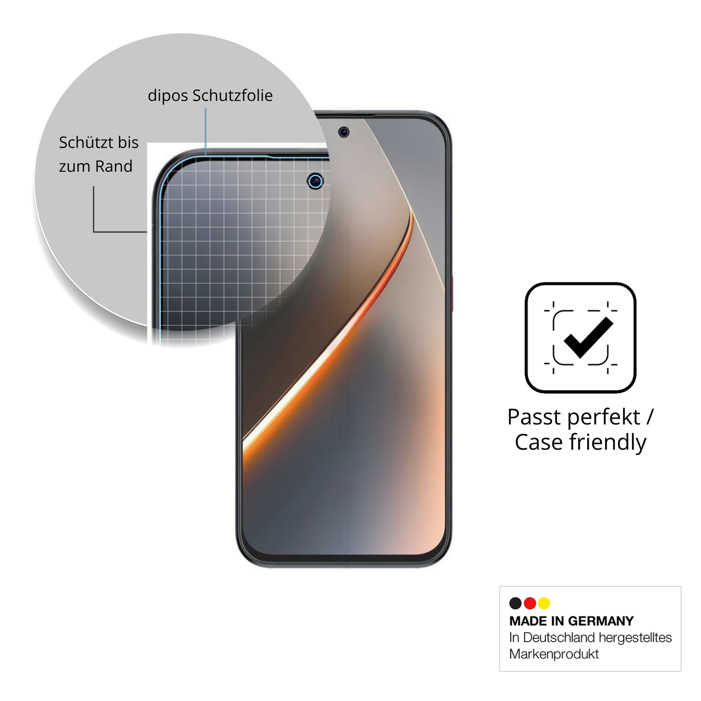 Schutzglasfolie mit optimaler Passform, zur Verwendung mit Hüllen geeignet