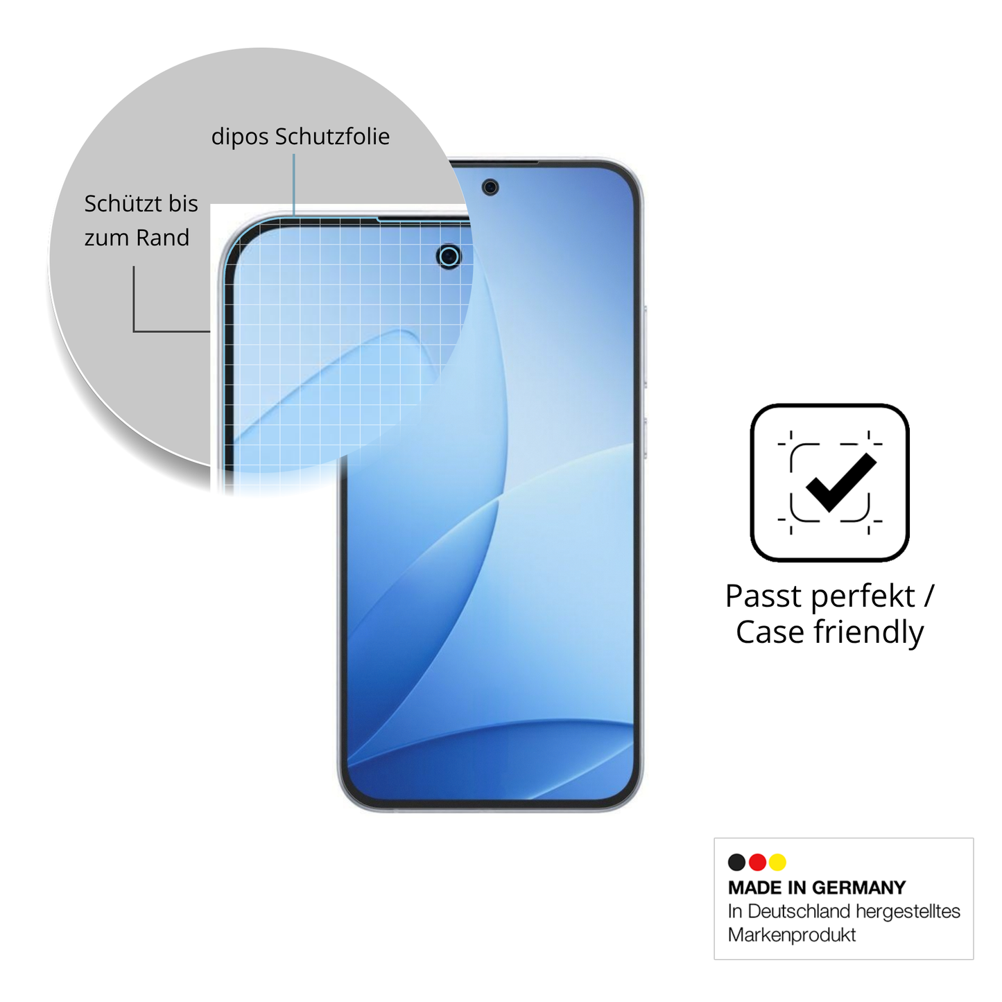 Schutzglasfolie mit optimaler Passform, zur Verwendung mit Hüllen geeignet