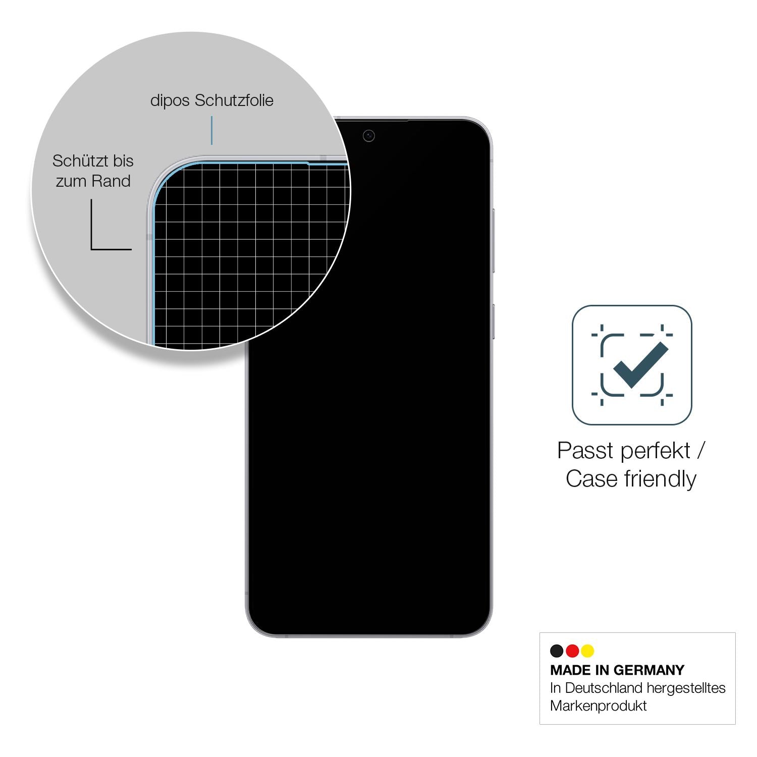Schutzglasfolie mit optimaler Passform, zur Verwendung mit Hüllen geeignet