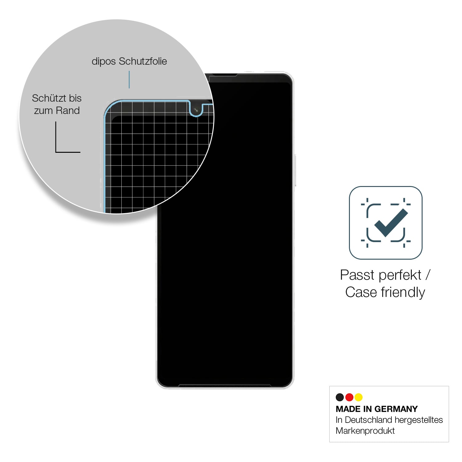Schutzglasfolie mit optimaler Passform, zur Verwendung mit Hüllen geeignet