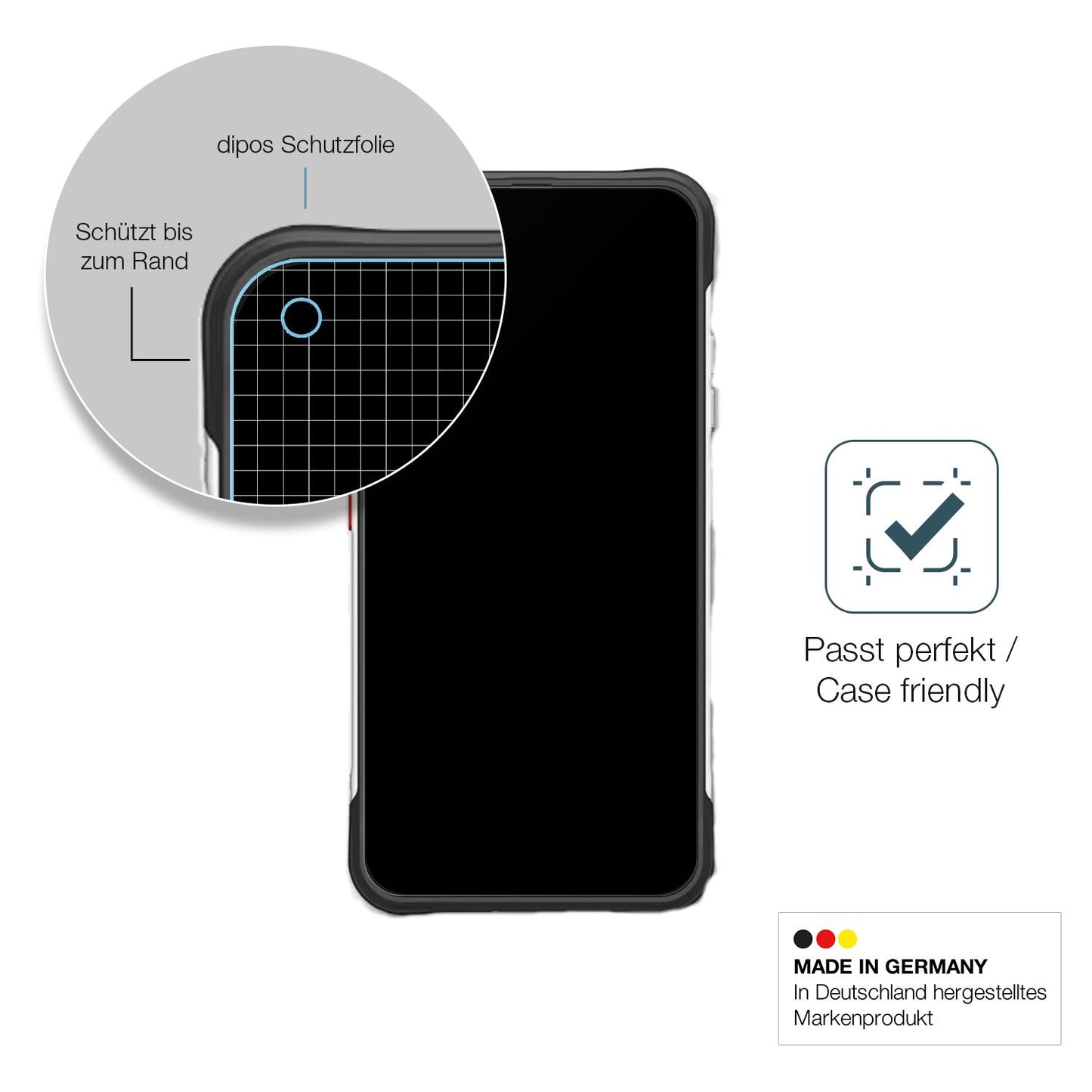 Schutzglasfolie mit optimaler Passform, zur Verwendung mit Hüllen geeignet