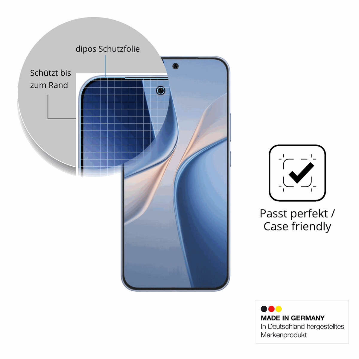 Schutzglasfolie mit optimaler Passform, zur Verwendung mit Hüllen geeignet
