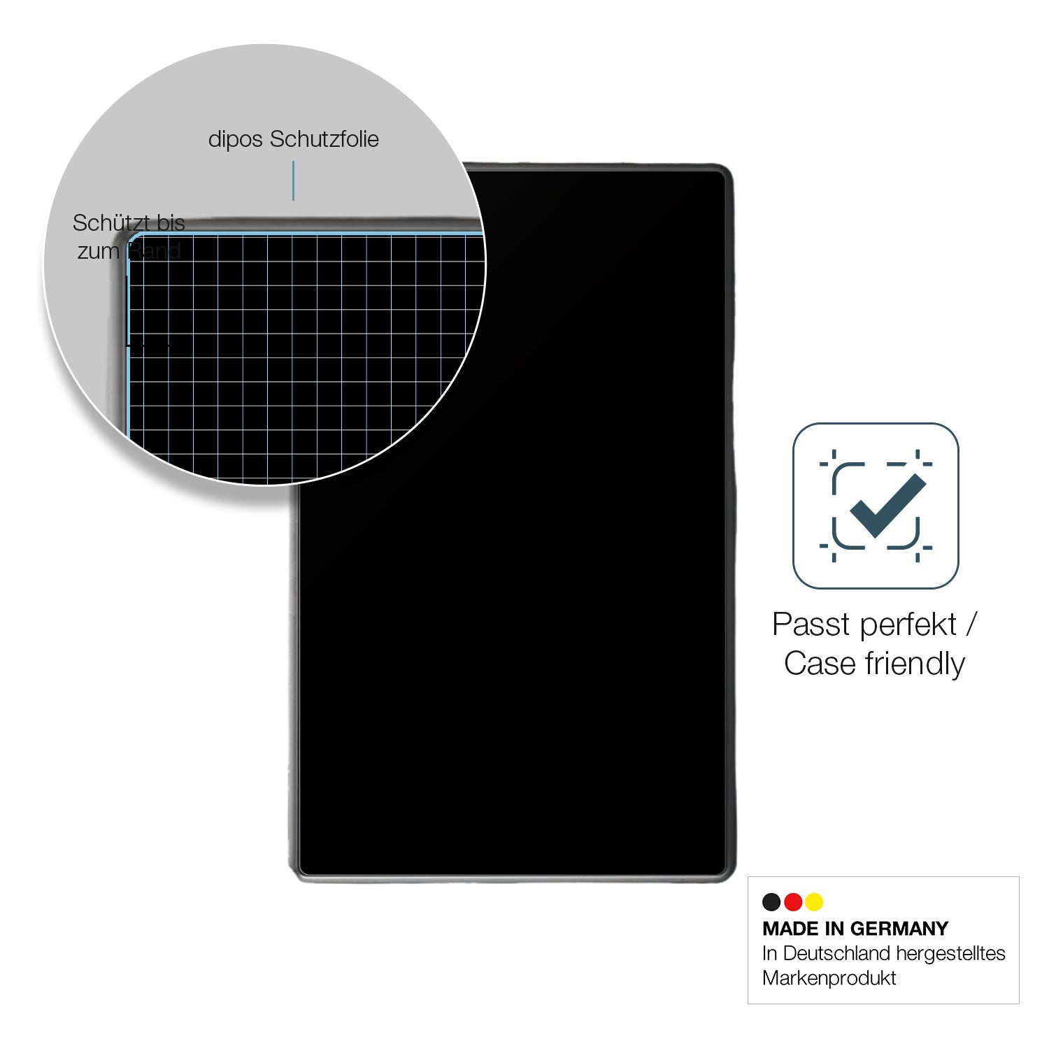Schutzglasfolie mit optimaler Passform, zur Verwendung mit Hüllen geeignet
