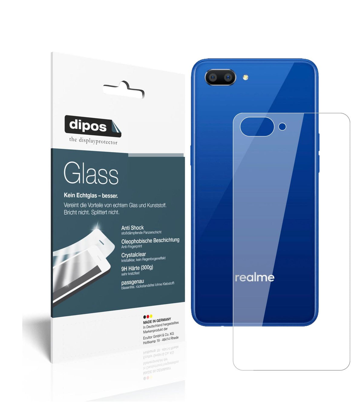 Klare Displayschutzfolie von dipos passend für Oppo Realme C1 (2019) Rückseite, 9H kratzfest und blasenfrei montiert