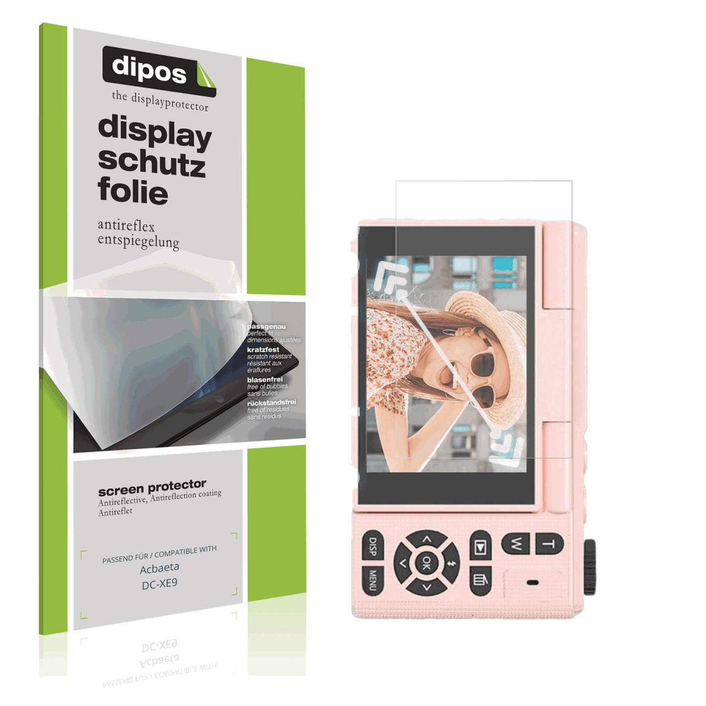 Matte Displayschutzfolie von dipos passend für Acbaeta DC-XE9, präziser Zuschnitt und blasenfrei montiert