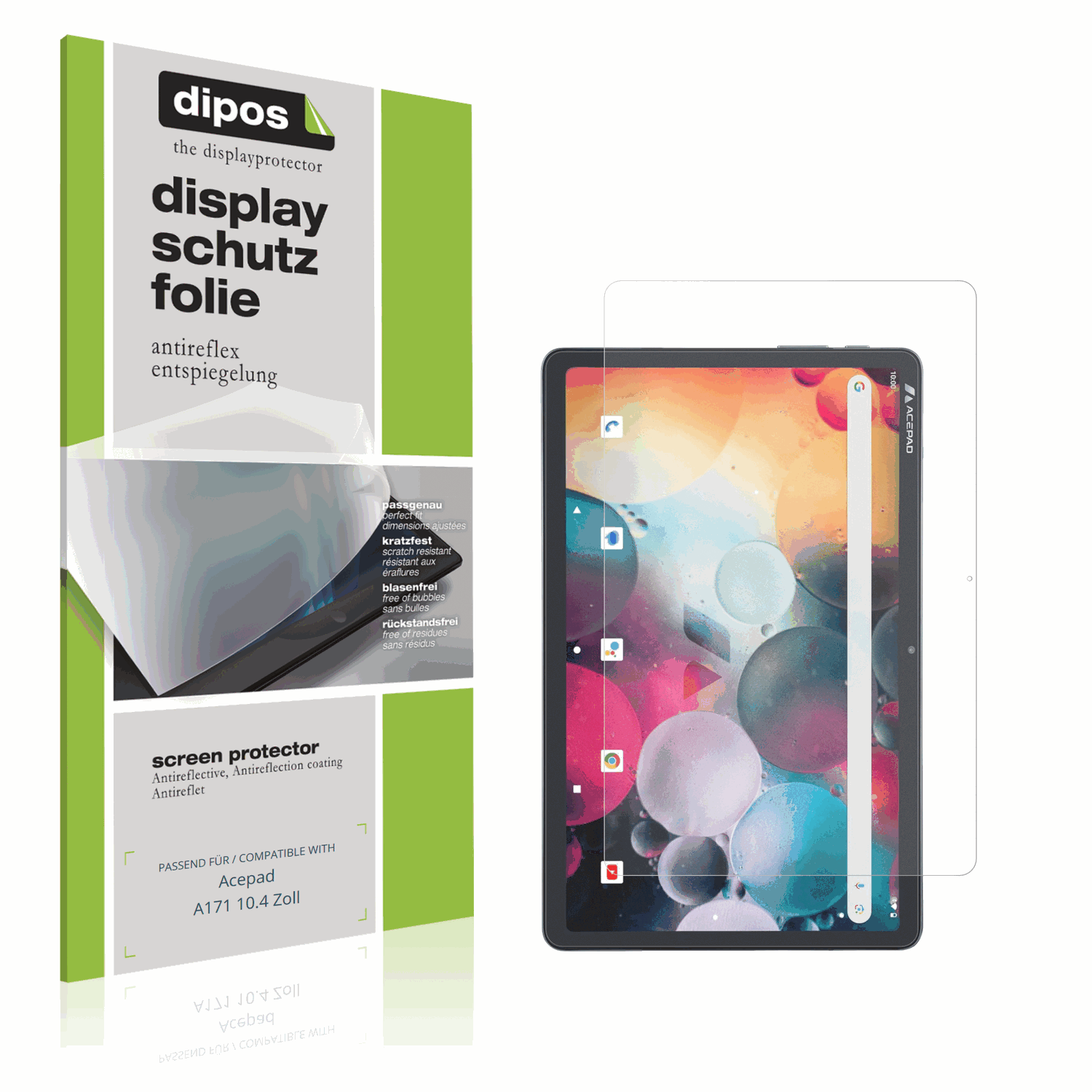 Matte Displayschutzfolie von dipos passend für Acepad A171 10.4 Zoll, präziser Zuschnitt und blasenfrei montiert