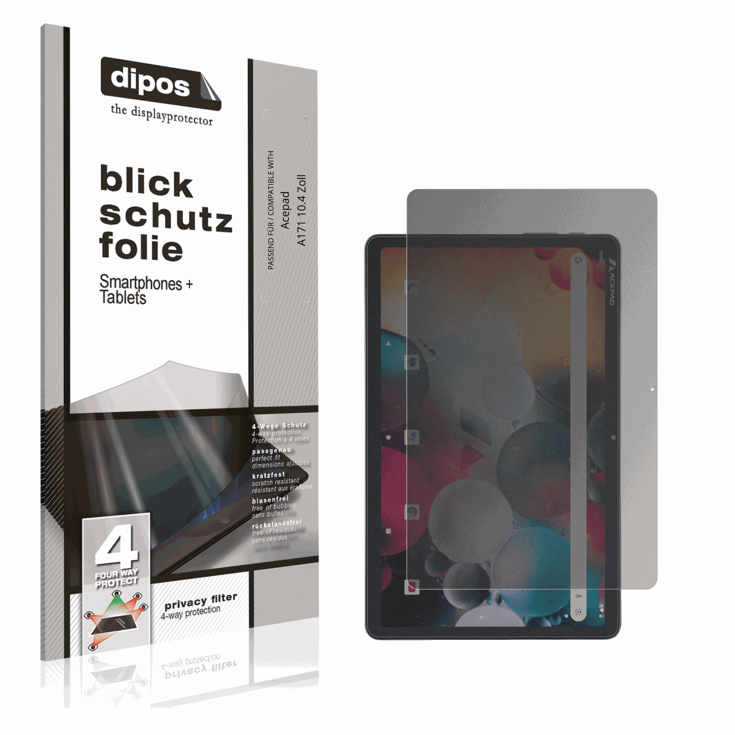 Blickschutzfolie von dipos passend für Acepad A171 10.4 Zoll, präziser Zuschnitt und blasenfrei montiert