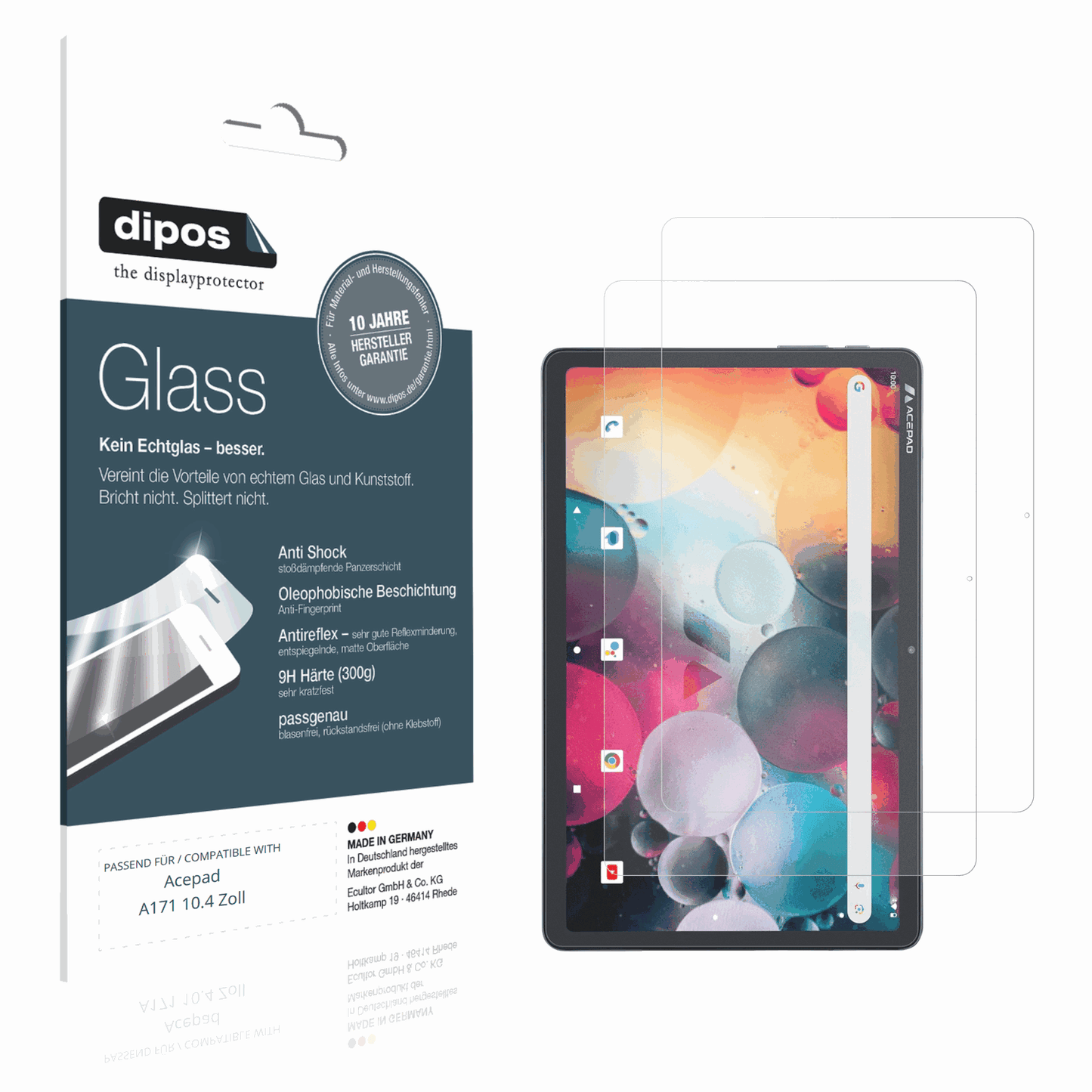 Matte Displayschutzfolie von dipos passend für Acepad A171 10.4 Zoll, 9H kratzfest und blasenfrei montiert