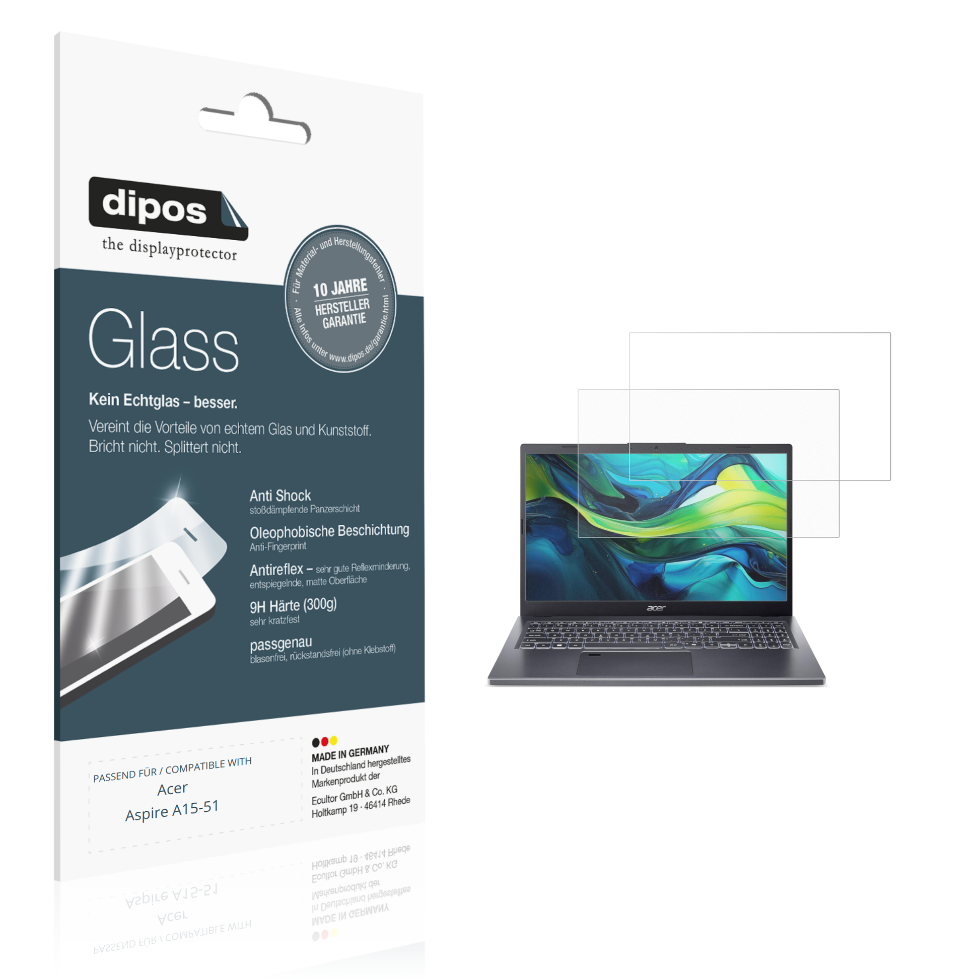 Matte Displayschutzfolie von dipos passend für aceraspire a15-51, 9H kratzfest und blasenfrei montiert