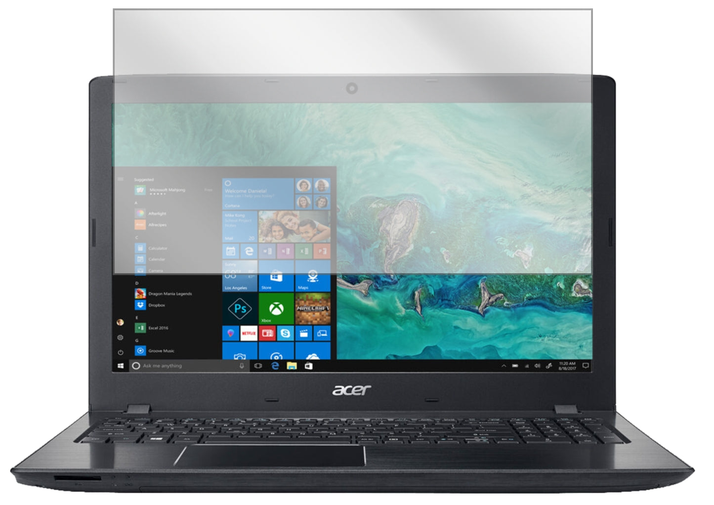 AcerAspire E 15 Start mit aufgebrachter dipos Displayschutzfolie, glasklare Darstellung ohne Einschränkungen
