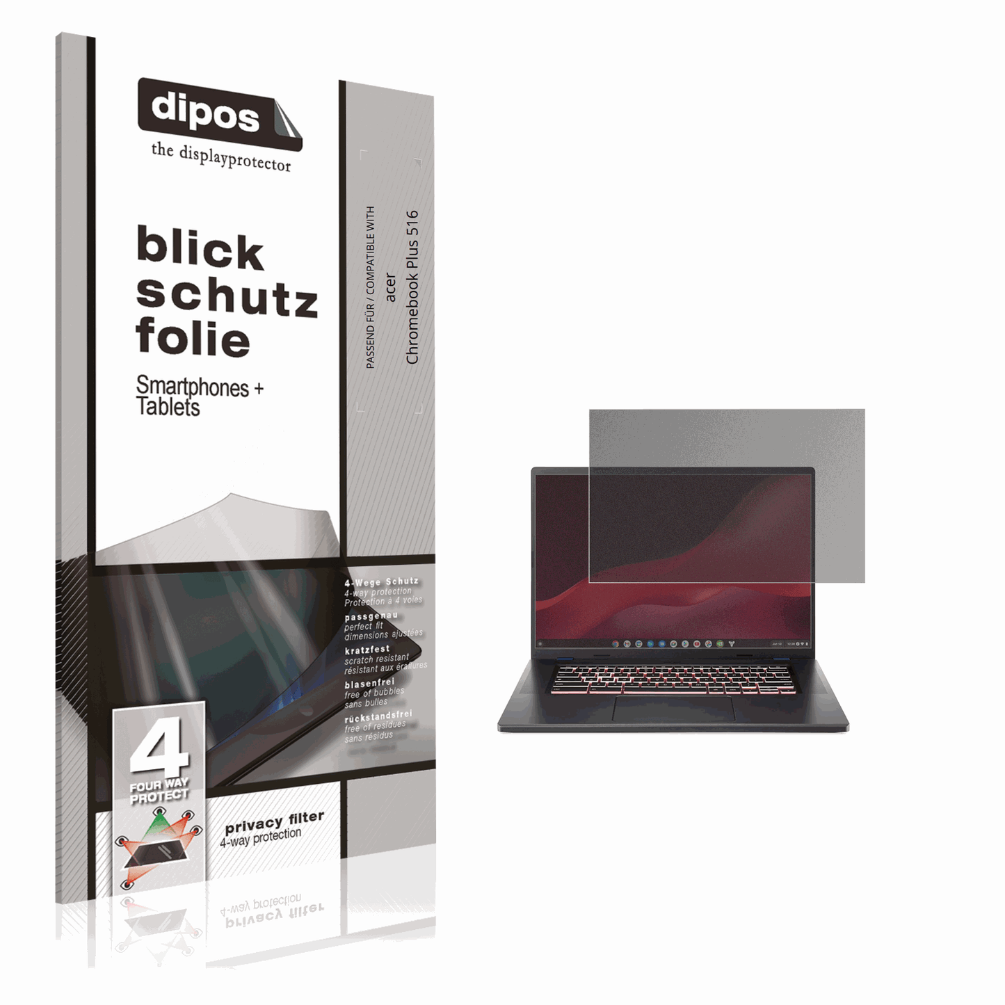 Blickschutzfolie von dipos passend für acer Chromebook Plus 516, präziser Zuschnitt und blasenfrei montiert