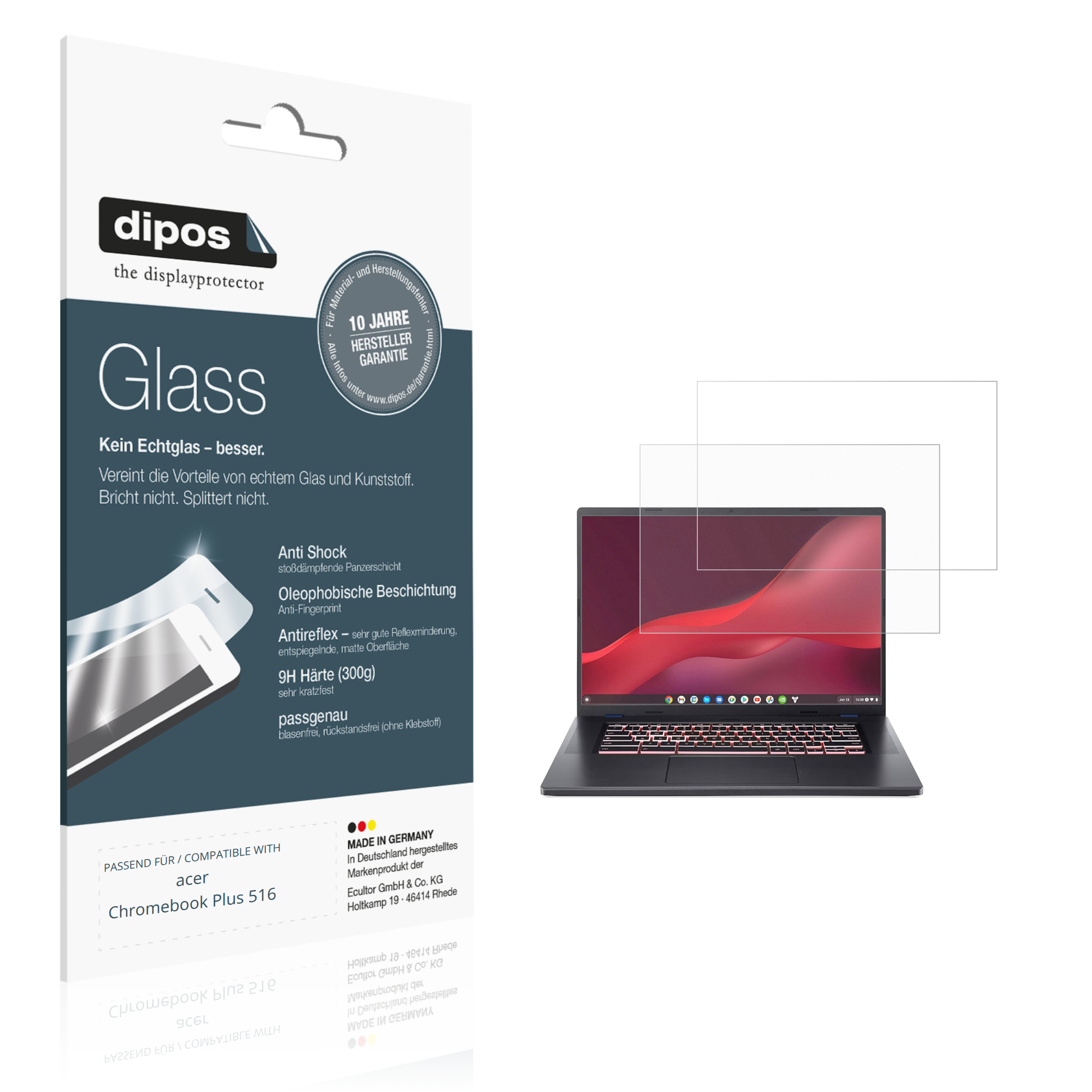 Matte Displayschutzfolie von dipos passend für acer Chromebook Plus 516, 9H kratzfest und blasenfrei montiert
