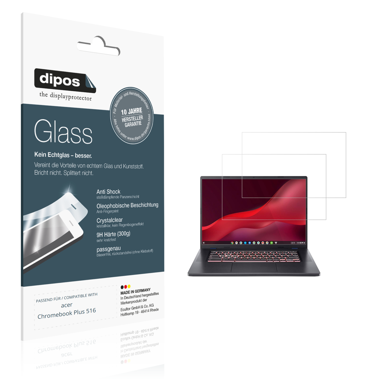 Klare Displayschutzfolie von dipos passend für acer Chromebook Plus 516, 9H kratzfest und blasenfrei montiert