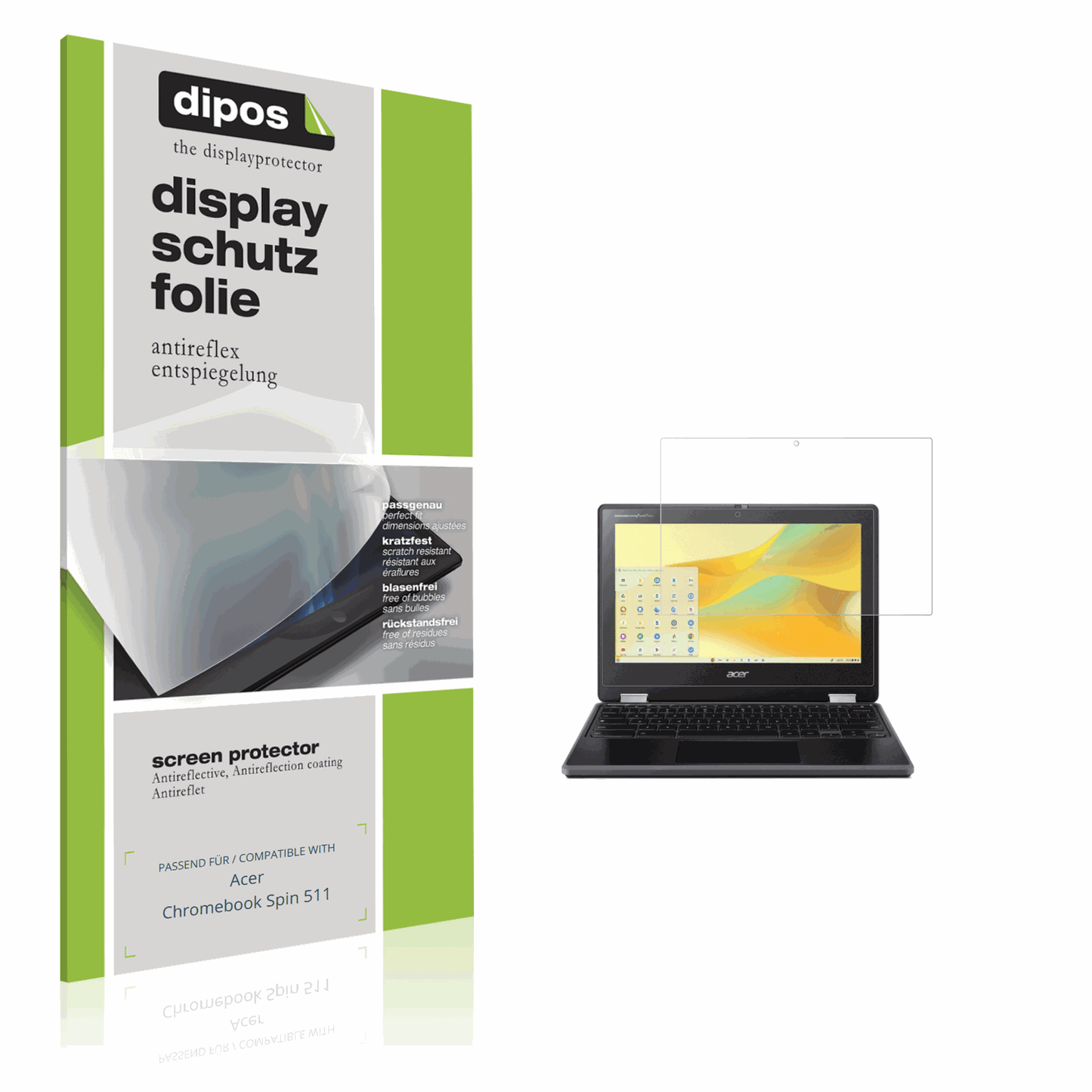 Matte Displayschutzfolie von dipos passend für Acer Chromebook Spin 511, präziser Zuschnitt und blasenfrei montiert