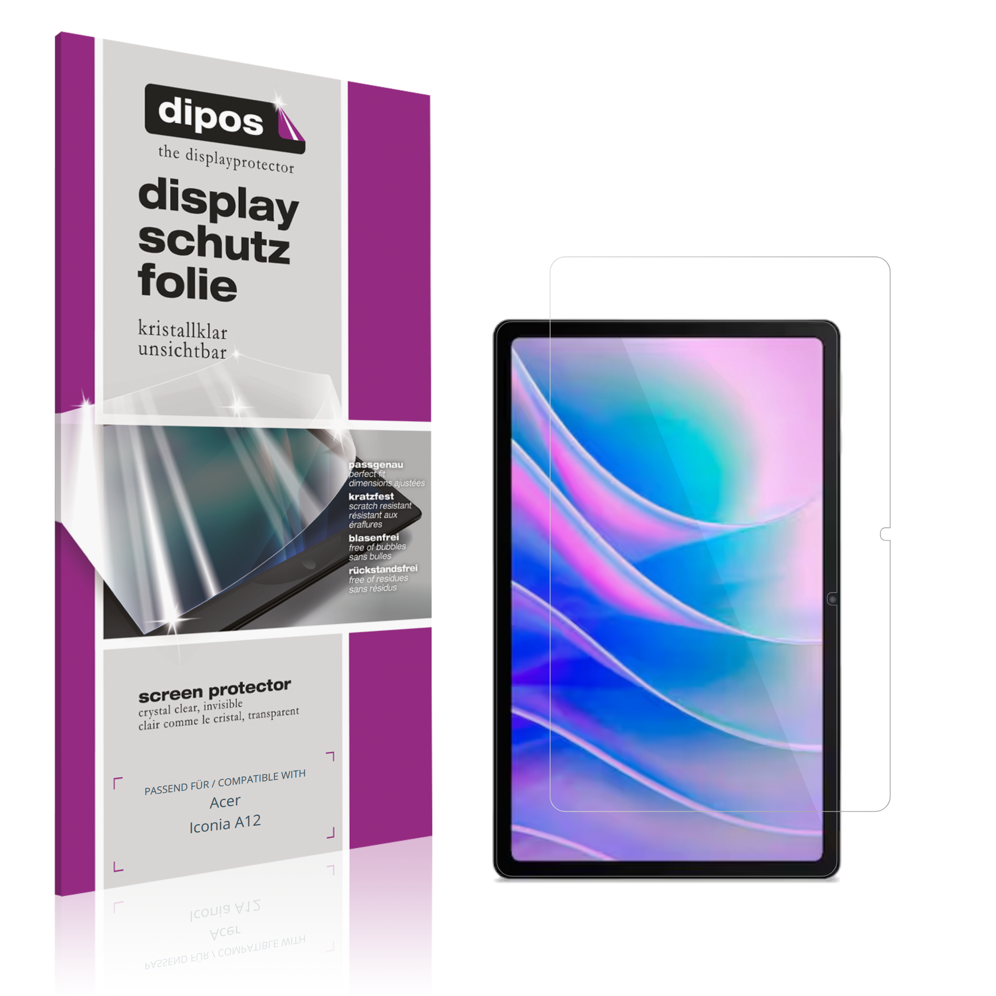 Klare Displayschutzfolie von dipos passend für Acer Iconia A12, präziser Zuschnitt und blasenfrei montiert