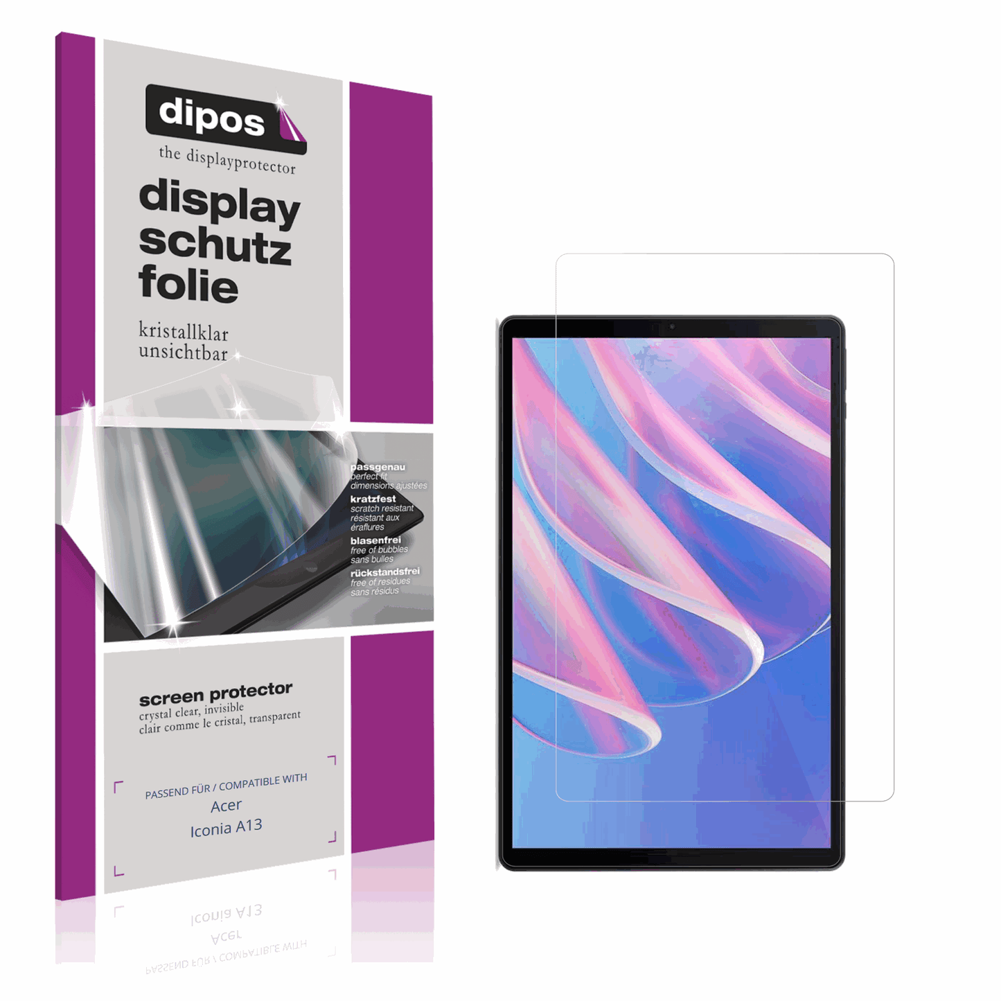 Klare Displayschutzfolie von dipos passend für Acer Iconia A13, präziser Zuschnitt und blasenfrei montiert