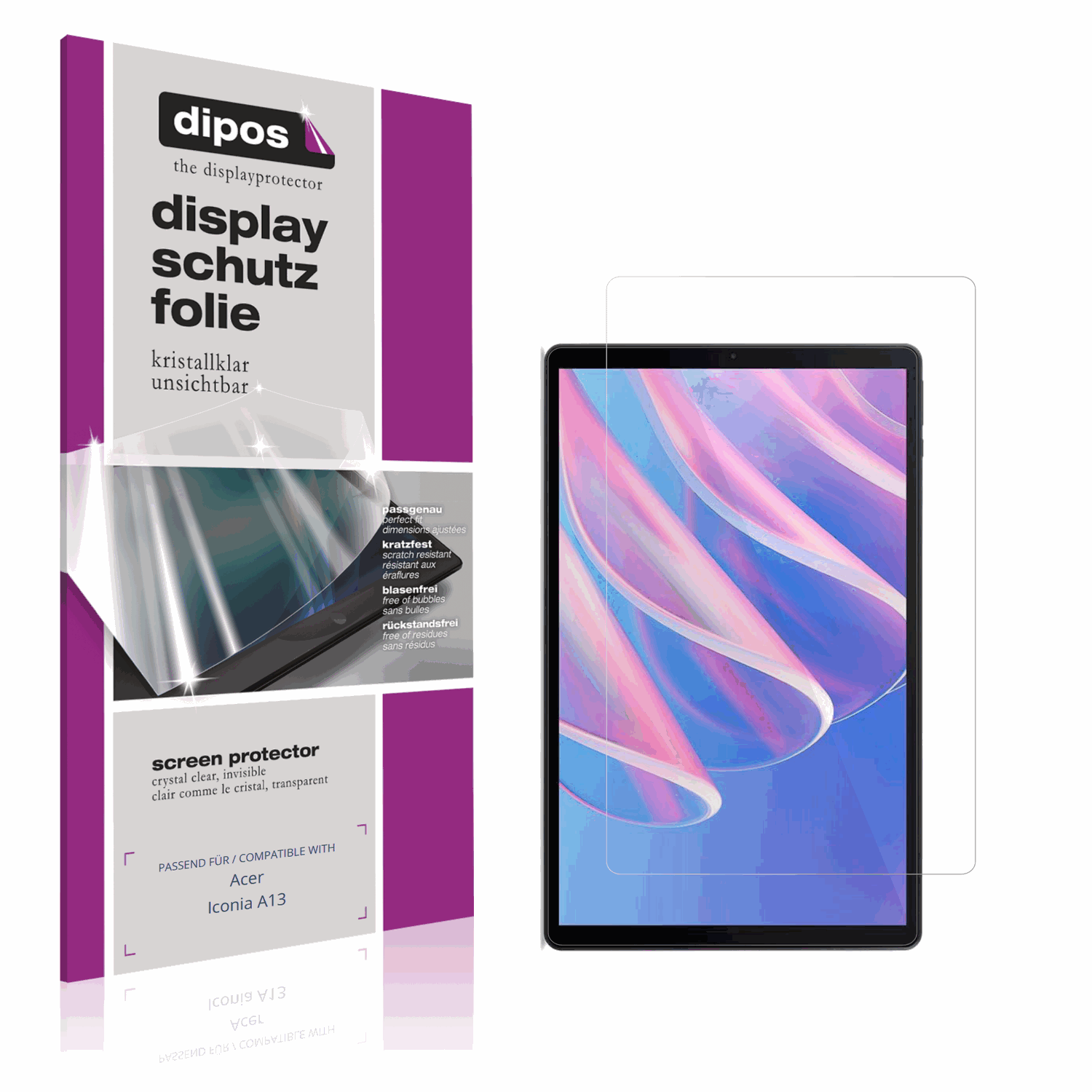 Klare Displayschutzfolie von dipos passend für Acer Iconia A13, präziser Zuschnitt und blasenfrei montiert