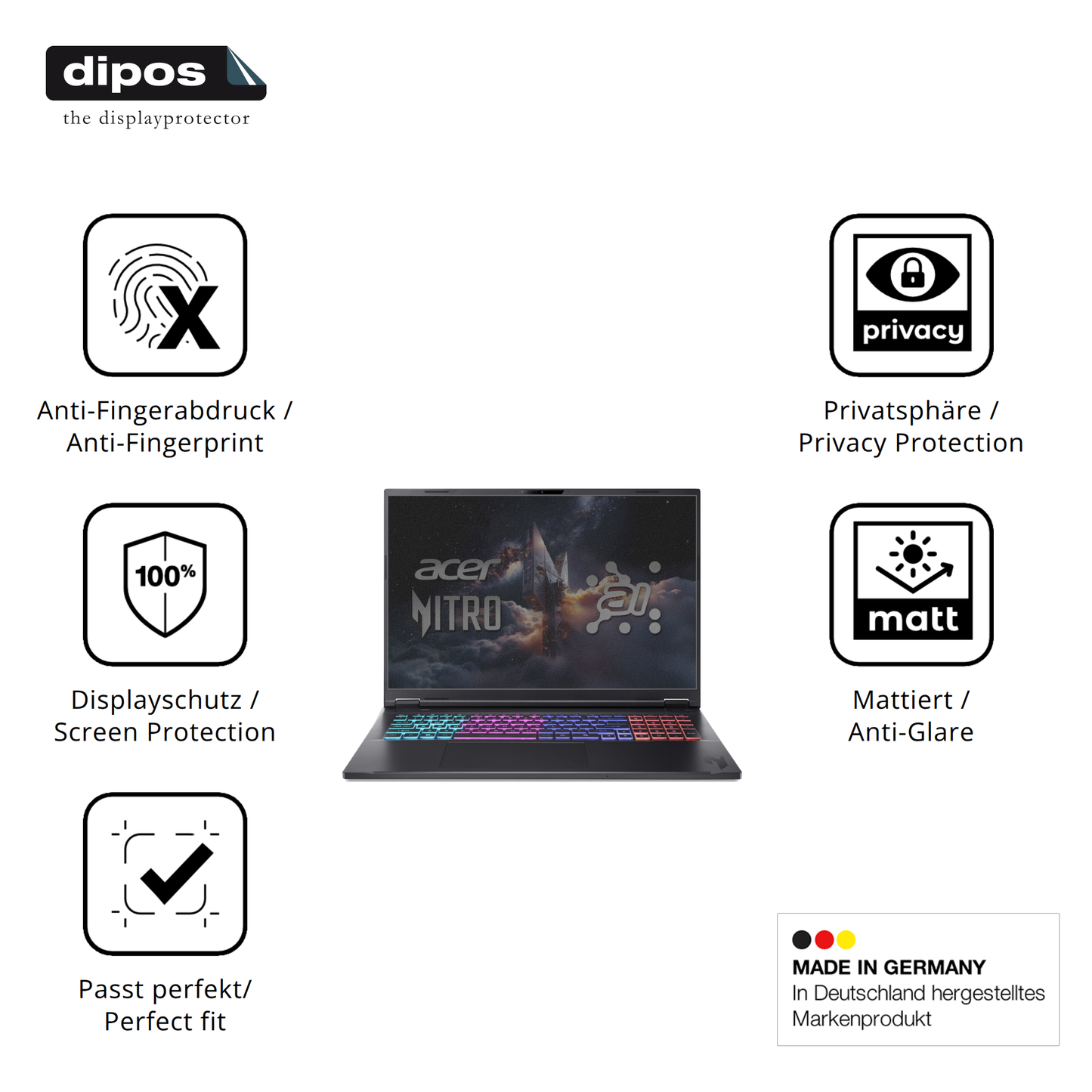 Privatsphäre-Schutz durch Sichtschutz-Folie passend zugeschnitten für acer Nitro 18 AI AN18-61-R968