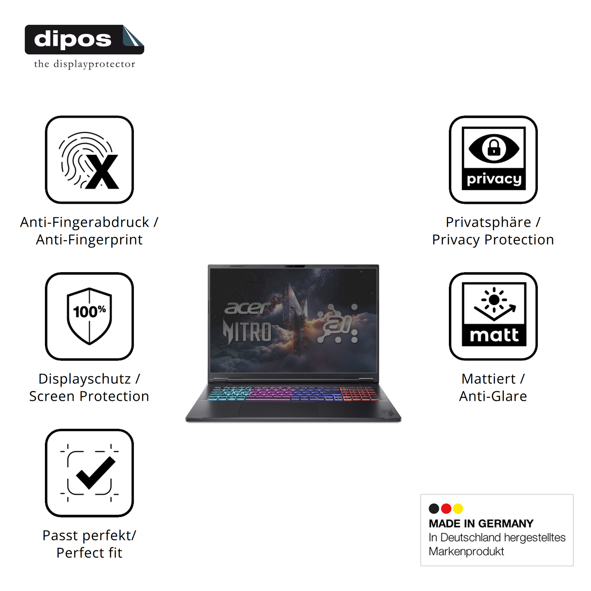 Privatsphäre-Schutz durch Sichtschutz-Folie passend zugeschnitten für acer Nitro 18 AI AN18-61-R968
