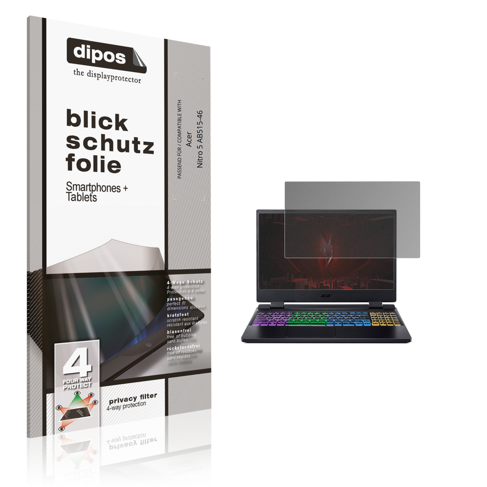 Blickschutzfolie von dipos passend für Acer Nitro 5 AB515-46, präziser Zuschnitt und blasenfrei montiert