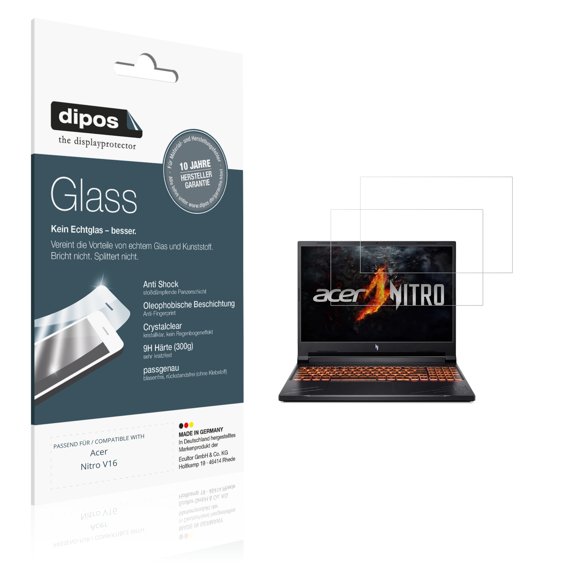 Klare Displayschutzfolie von dipos passend für acernitro v16, 9H kratzfest und blasenfrei montiert