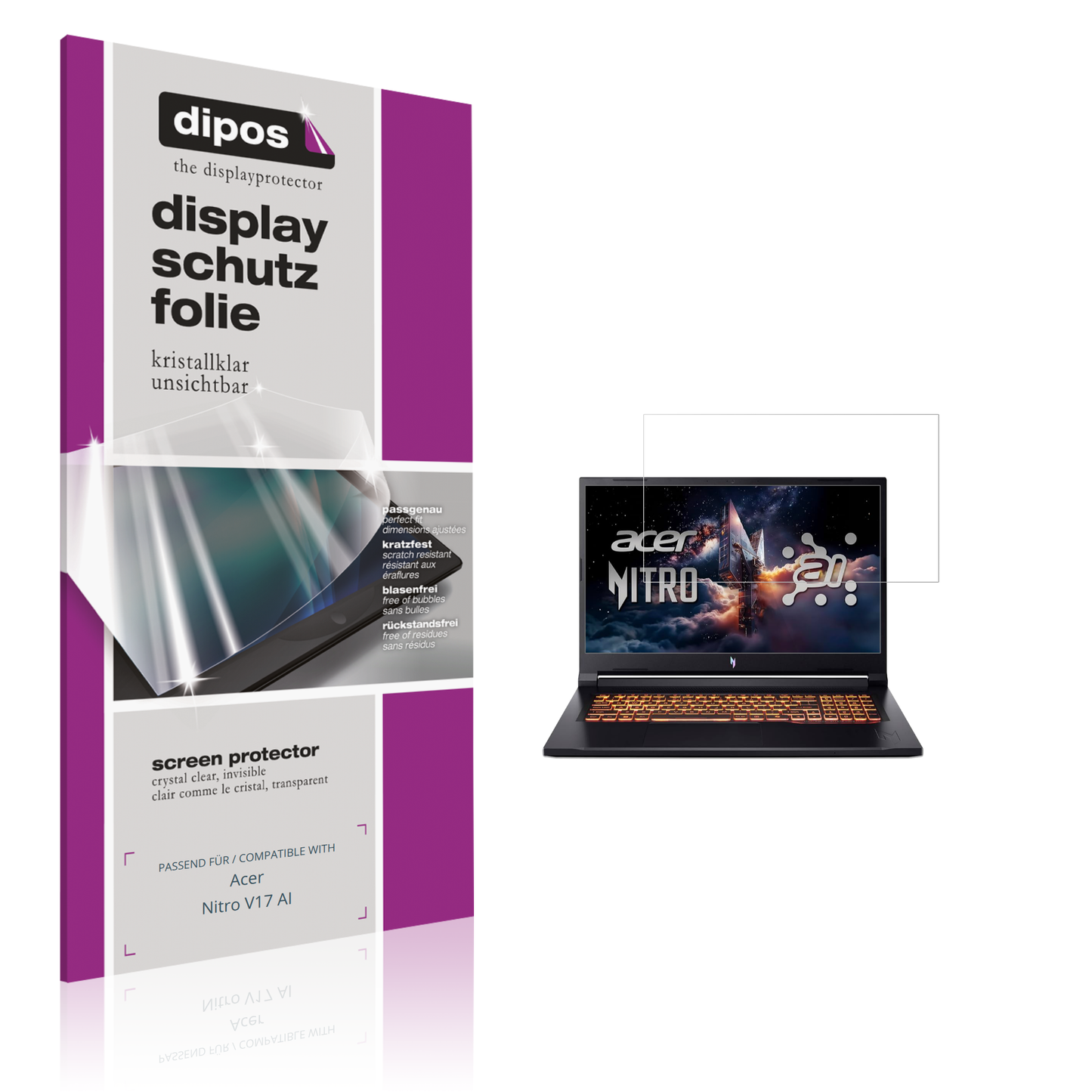 Klare Displayschutzfolie von dipos passend für Acer Nitro V17 AI, präziser Zuschnitt und blasenfrei montiert