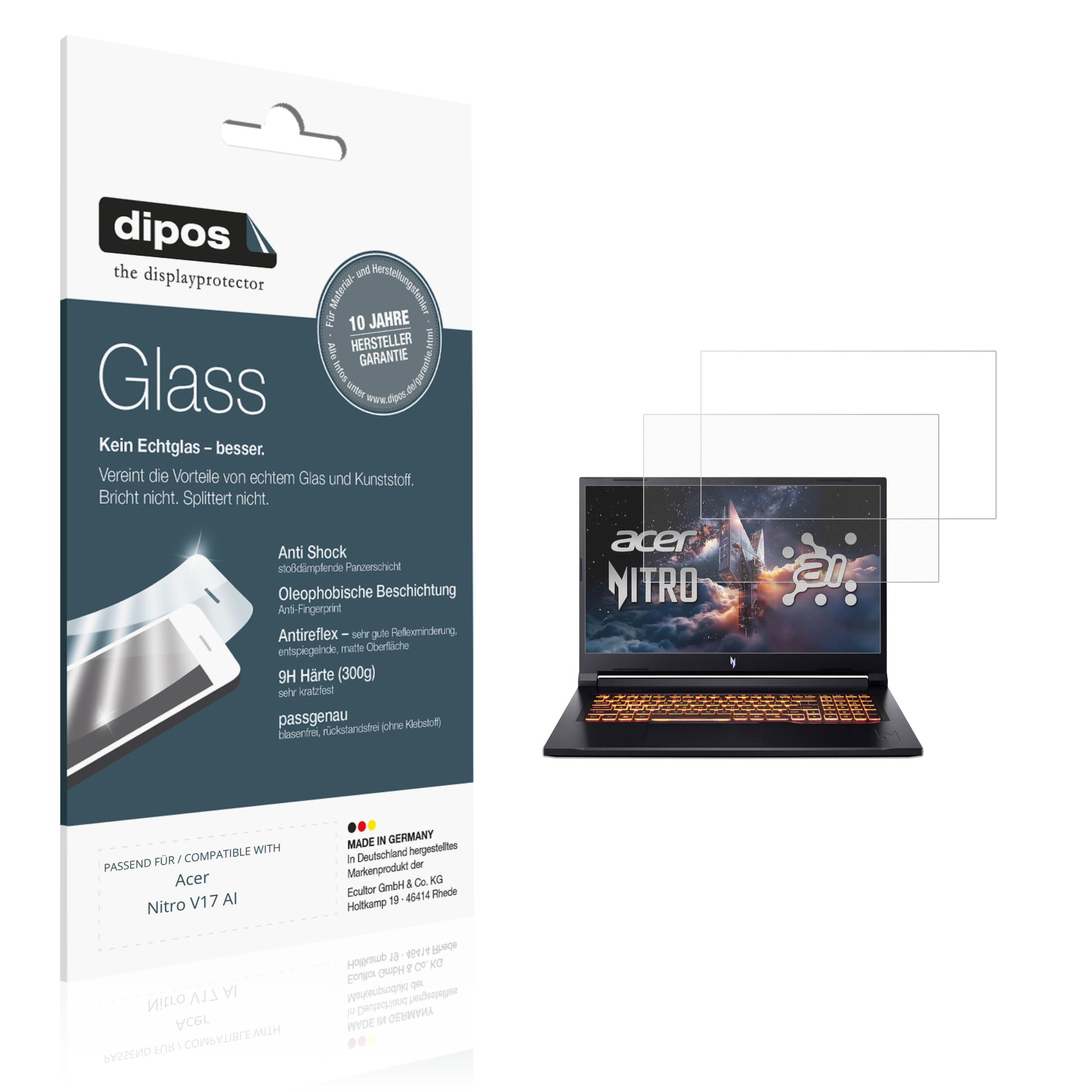 Matte Displayschutzfolie von dipos passend für Acer Nitro V17 AI, 9H kratzfest und blasenfrei montiert